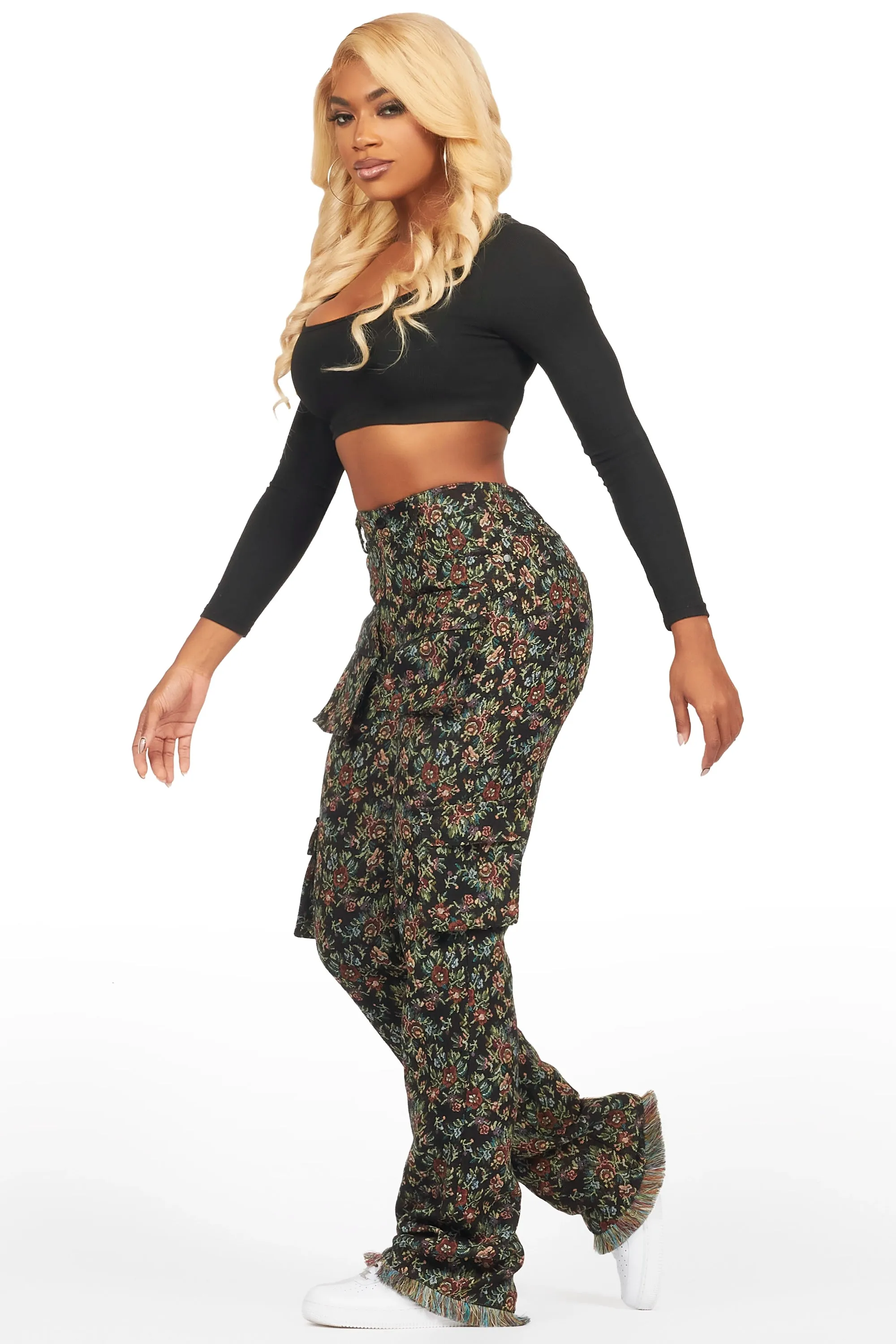 Niyah Black Floral Tapestry Stacked Pant sold by Rockstar Original product image thumbnail 4