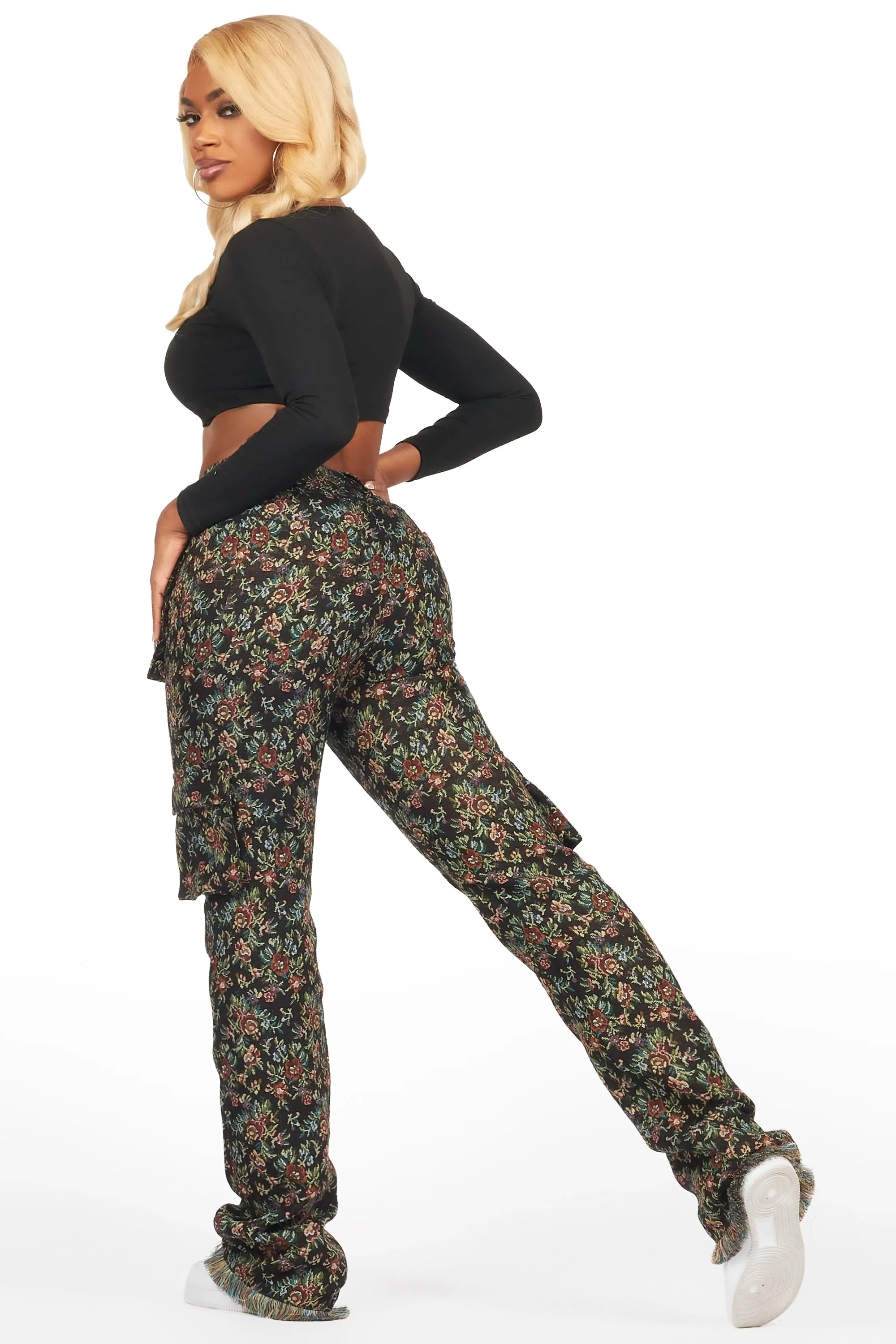 Niyah Black Floral Tapestry Stacked Pant sold by Rockstar Original product image thumbnail 5