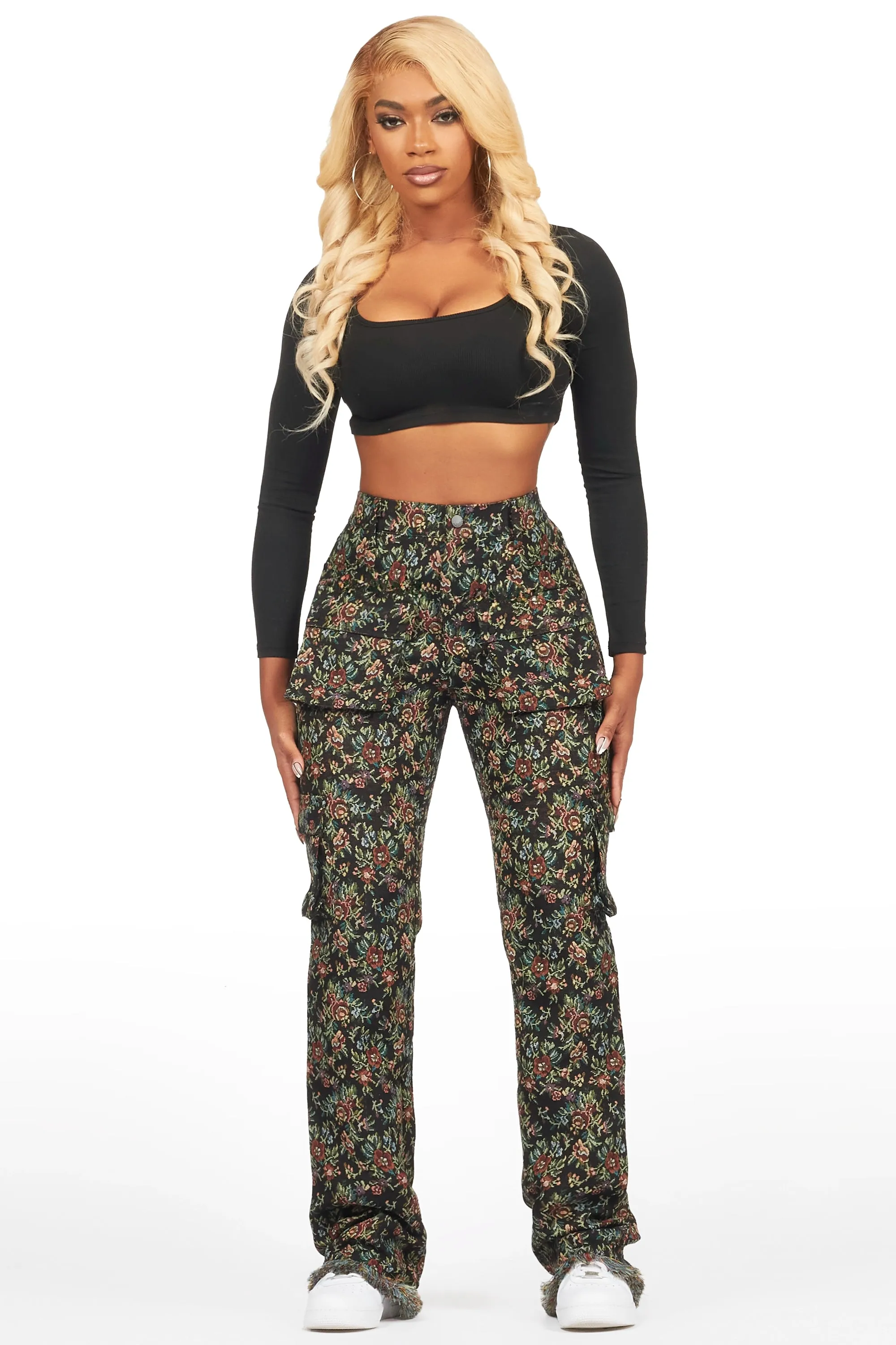 Niyah Black Floral Tapestry Stacked Pant sold by Rockstar Original product image thumbnail 2