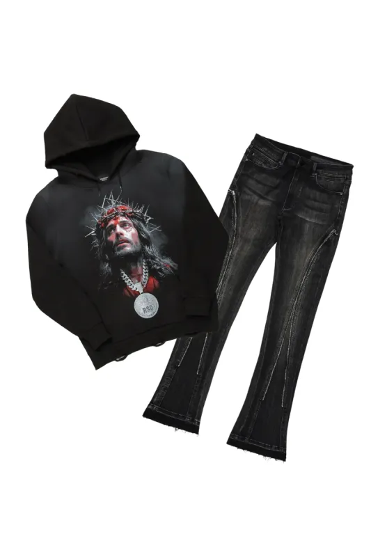 Amina Black Hoodie & Rani Stacked Flare Jean Set sold by Rockstar Original