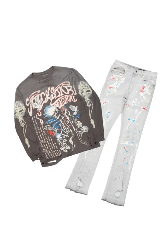 Danby Charcoal Long Sleeve T-Shirt/Stacked Flare Jean Set sold by Rockstar Original