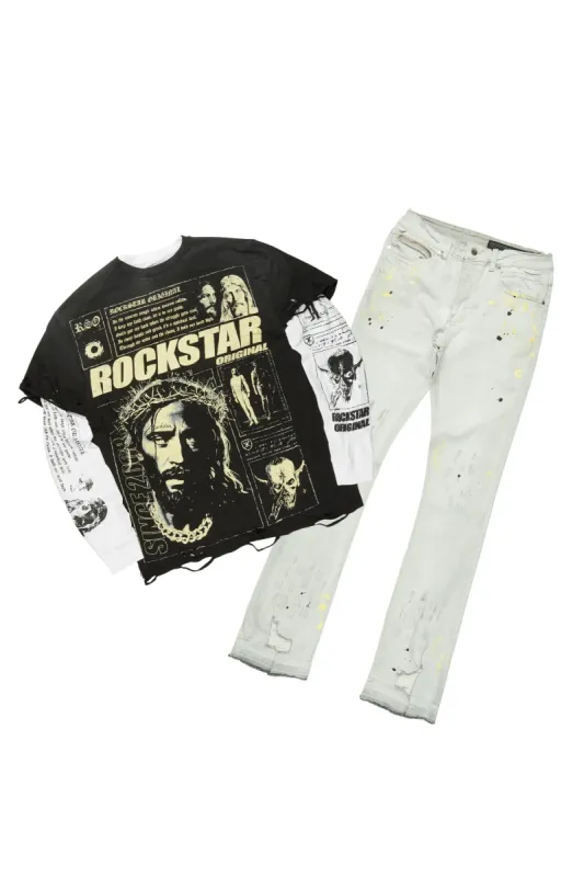 Raith Black Double Layer T-Shirt/Stacked Flare Jean Set sold by Rockstar Original
