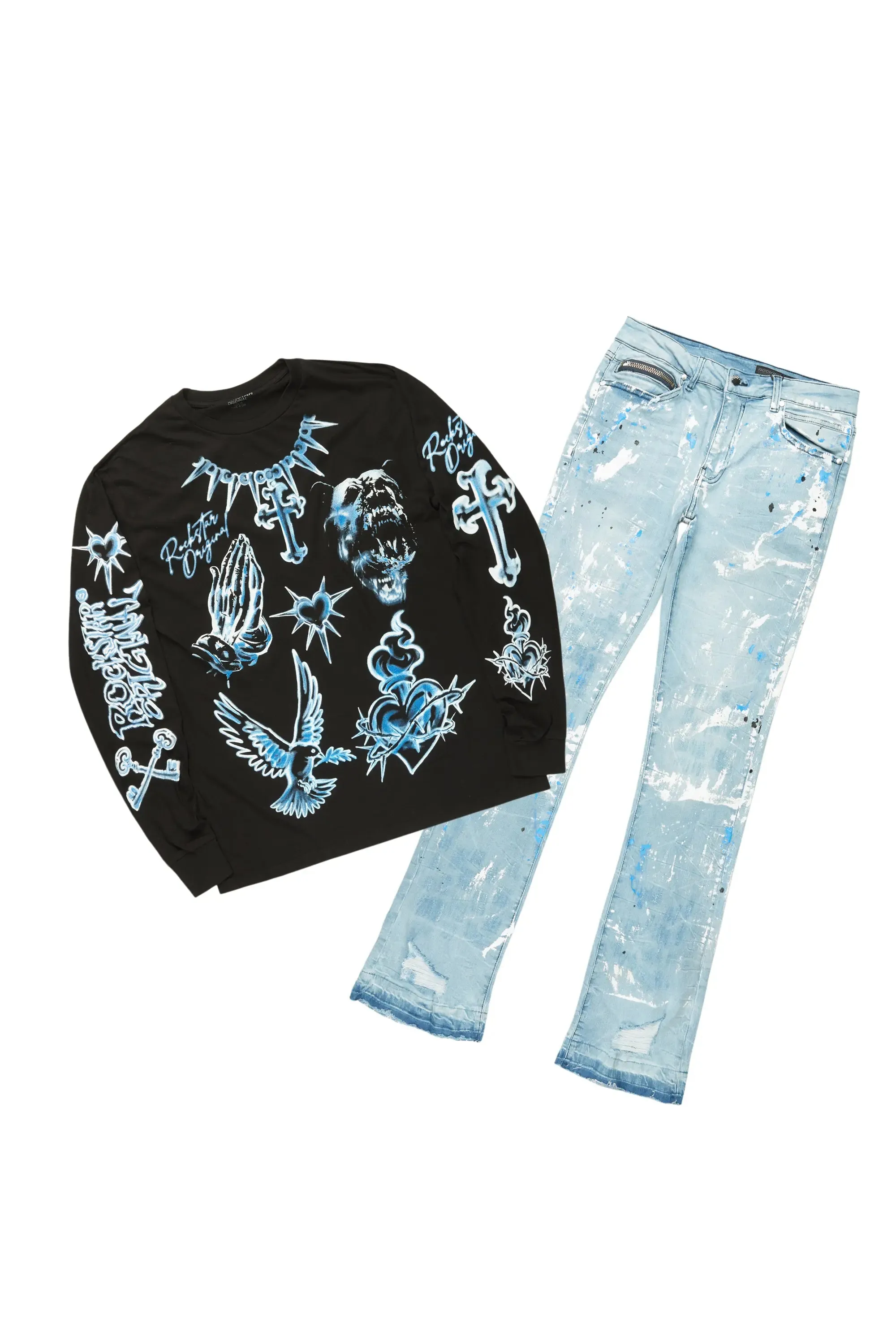 Valar Black/Blue Long Sleeve/Stacked Flare Jean Set sold by Rockstar Original
