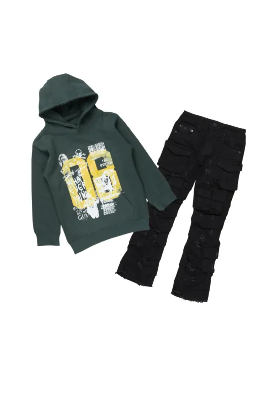 Boys Beau Forest Green Hoodie/Stacked Flare Jean Set sold by Rockstar Original