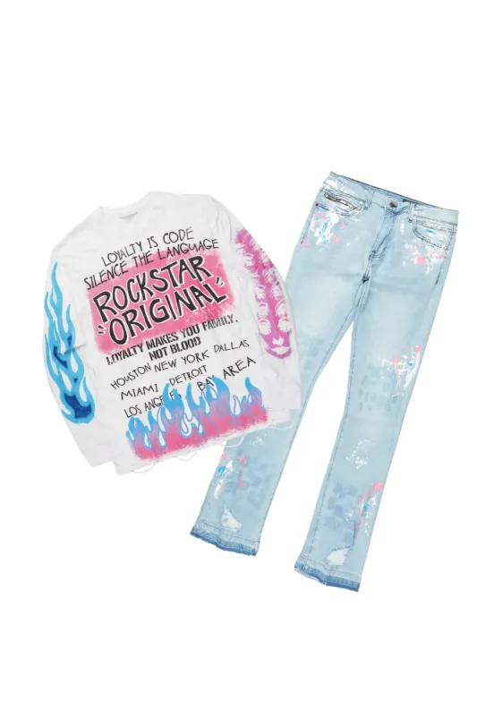 Beno White Long Sleeve/Stacked Flare Jean Set sold by Rockstar Original