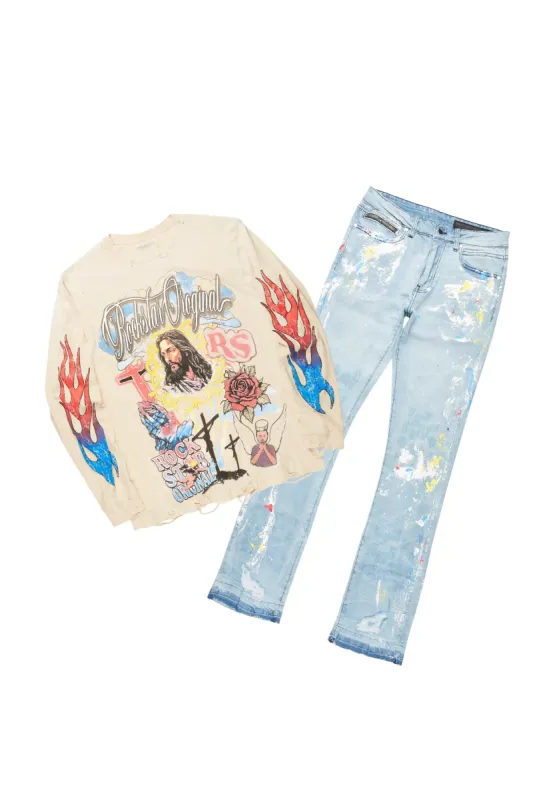 Tadashi Beige Long Sleeve/Stacked Flare Jean Set sold by Rockstar Original