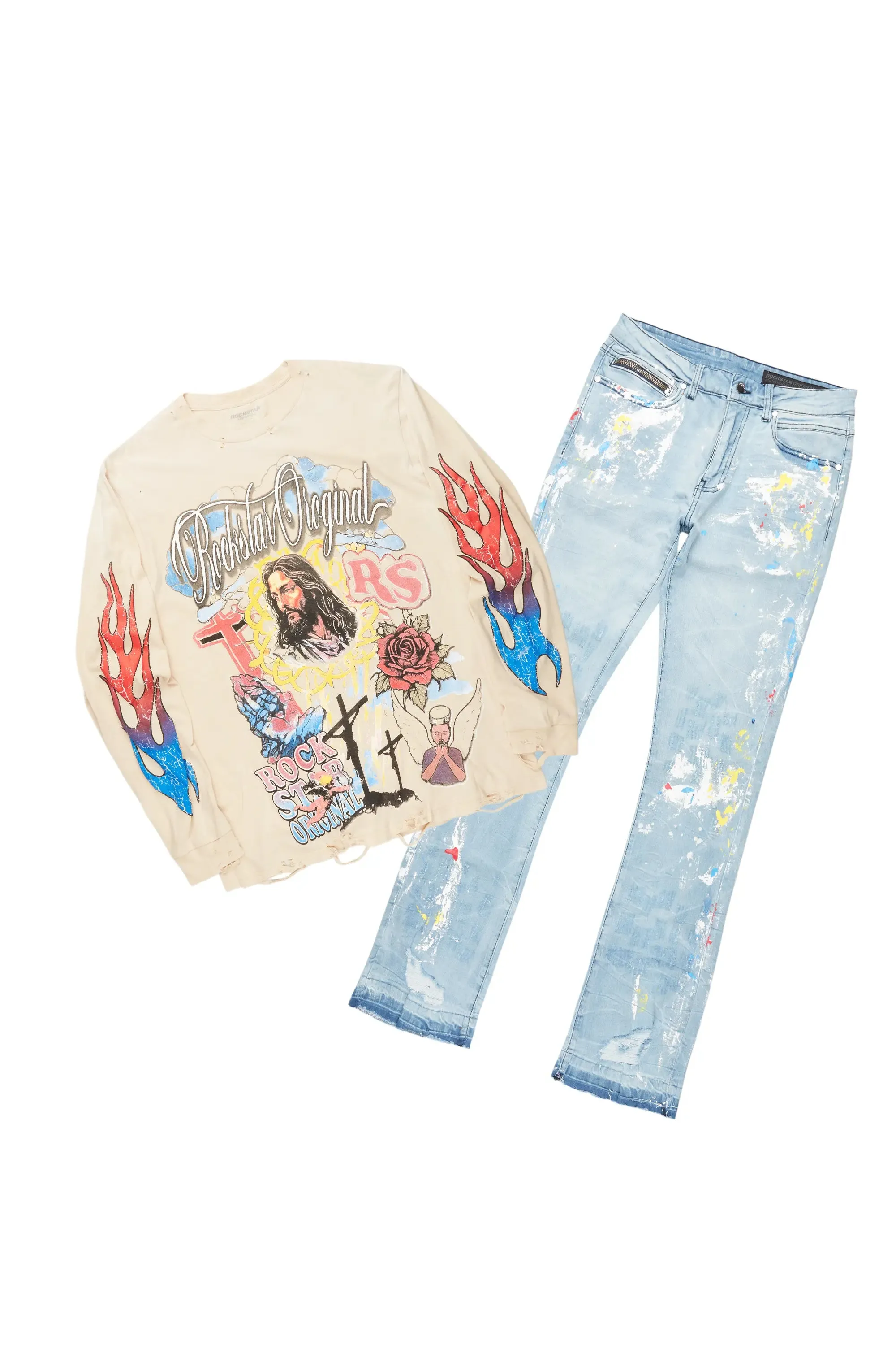 Tadashi Beige Long Sleeve/Stacked Flare Jean Set sold by Rockstar Original