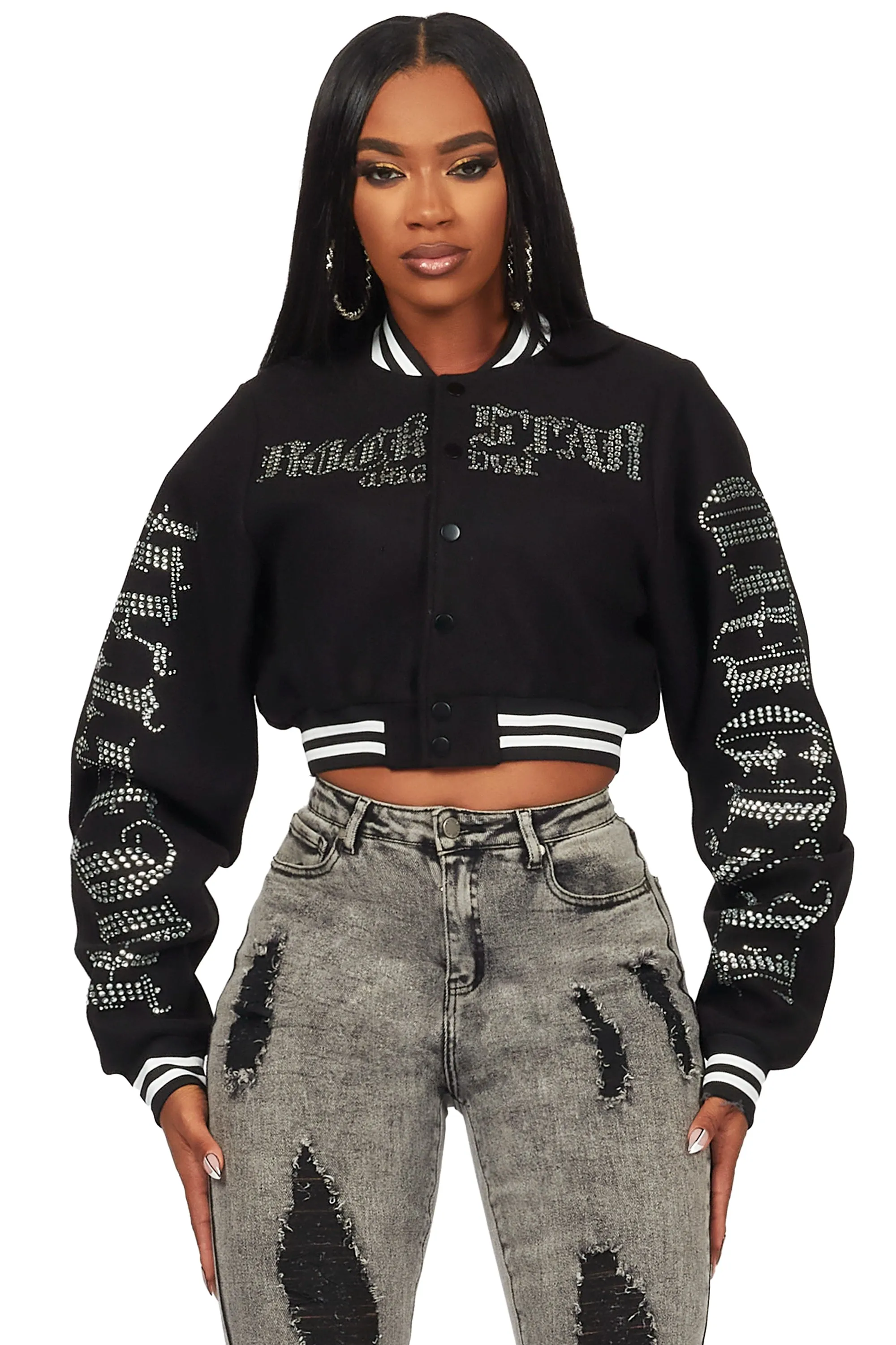 Gianni Black Crop Rhinestone Varsity Jacket sold by Rockstar Original