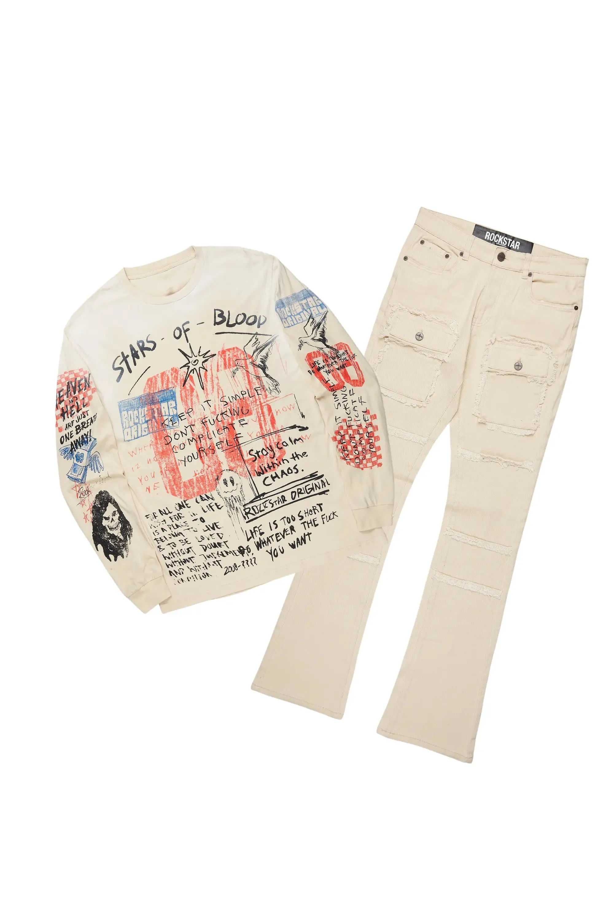 Gabin Beige Long Sleeve T-Shirt/Stacked Flare Cargo Jean Bundle sold by Rockstar Original