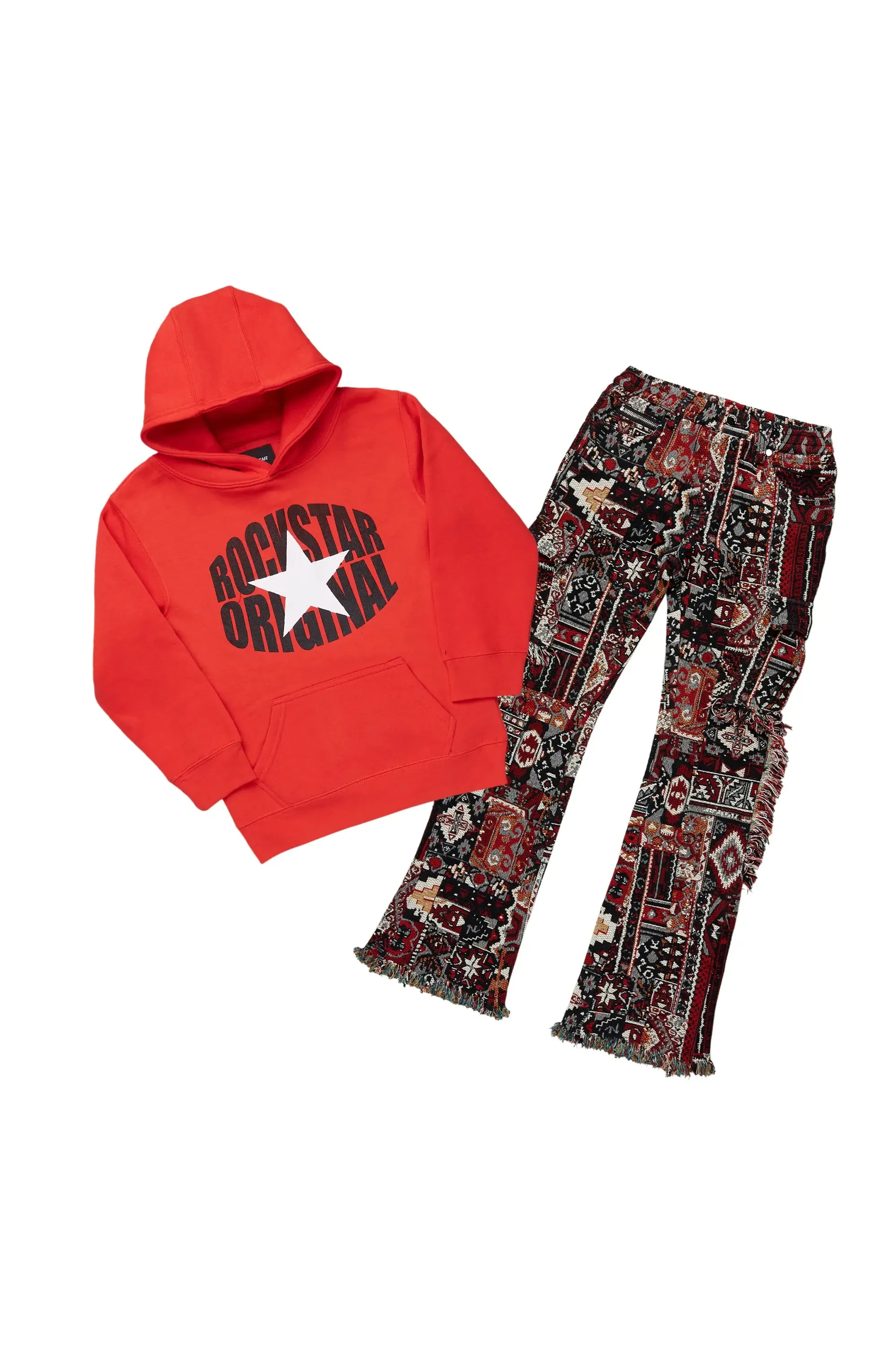 Boys Ezra Red/Black Multi Hoodie/Stacked Flare Jean Set sold by Rockstar Original