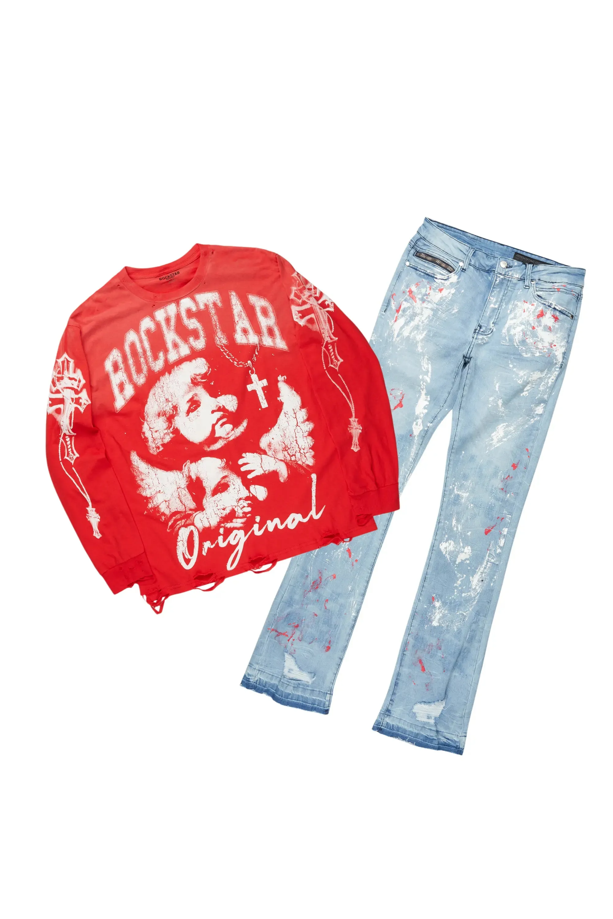 Deiter Red Long Sleeve/Stacked Flare Jean Set sold by Rockstar Original