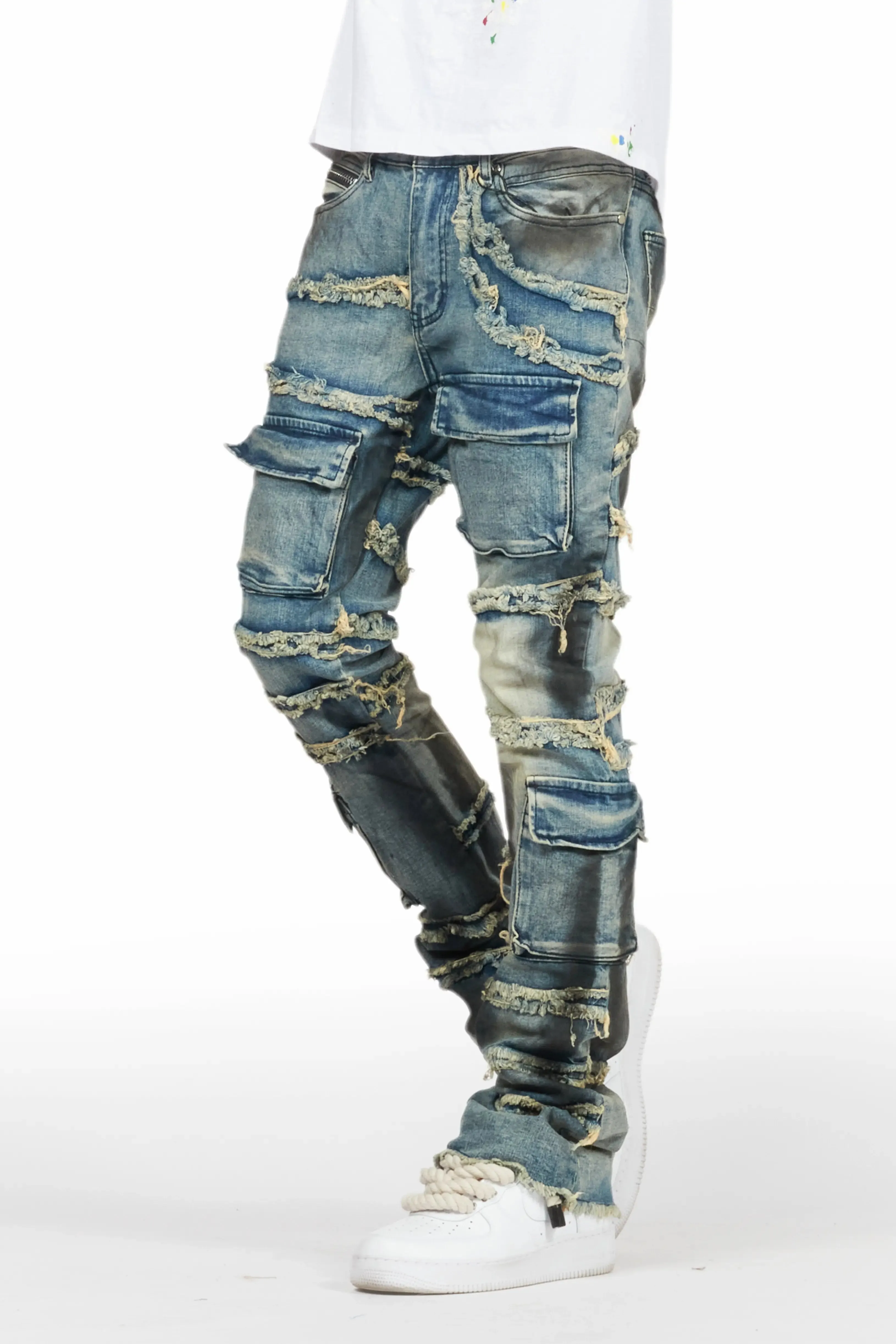 Yves Blue Stacked Flare Cargo Jean sold by Rockstar Original