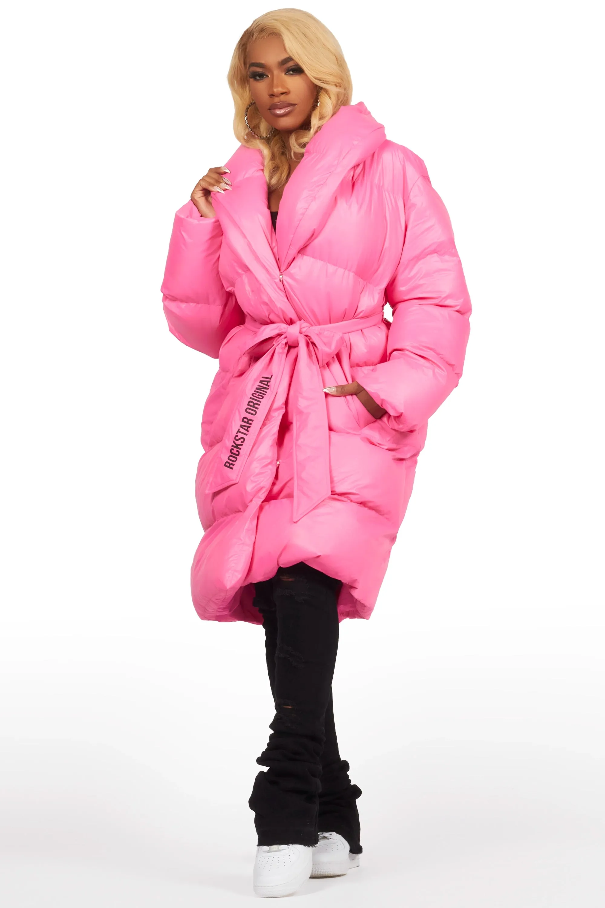 Sehrazat Hot Pink Long Wrap Puffer Jacket sold by Rockstar Original product image thumbnail 3