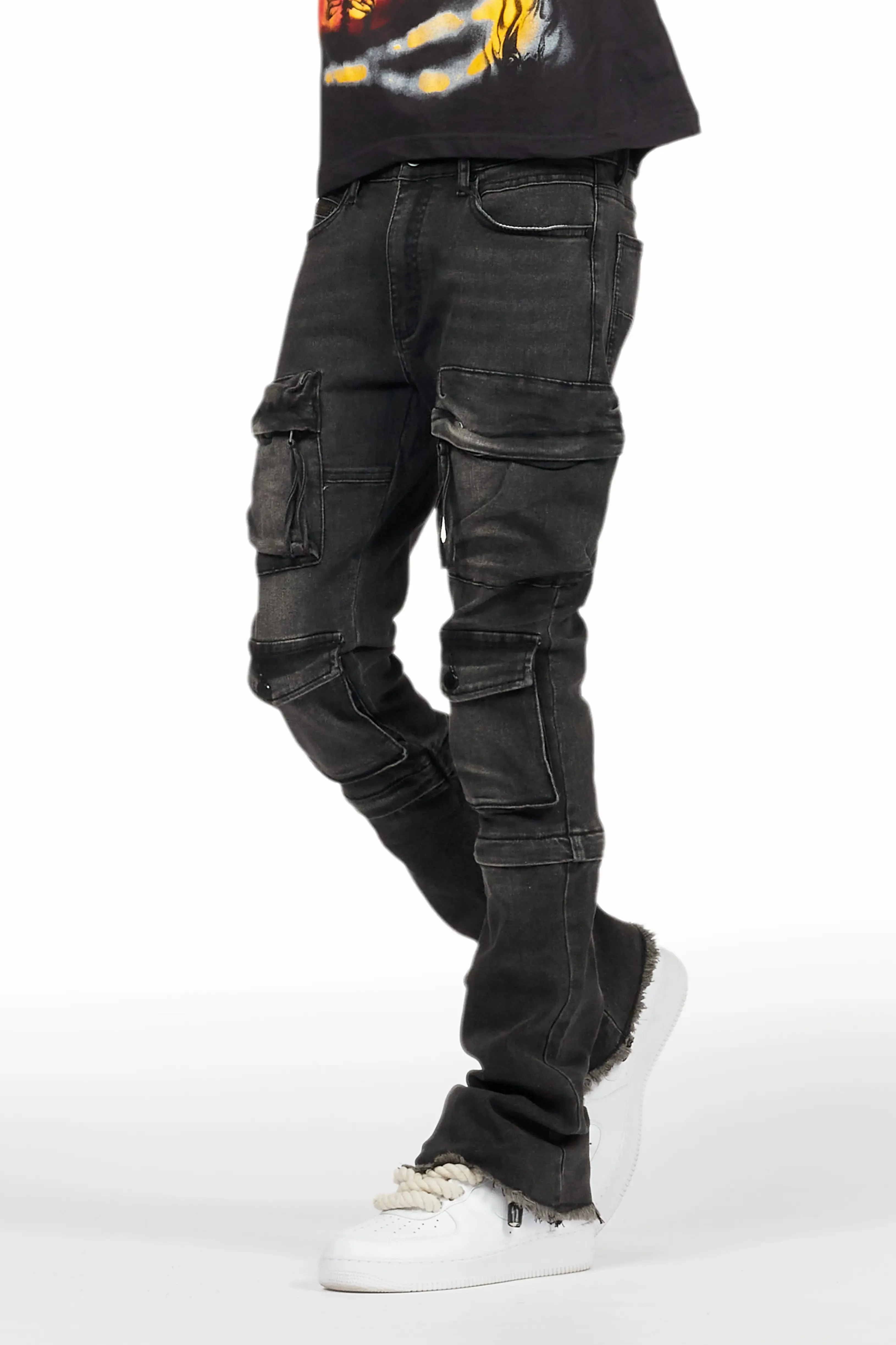 Jan Black Stacked Flare Cargo Jean sold by Rockstar Original