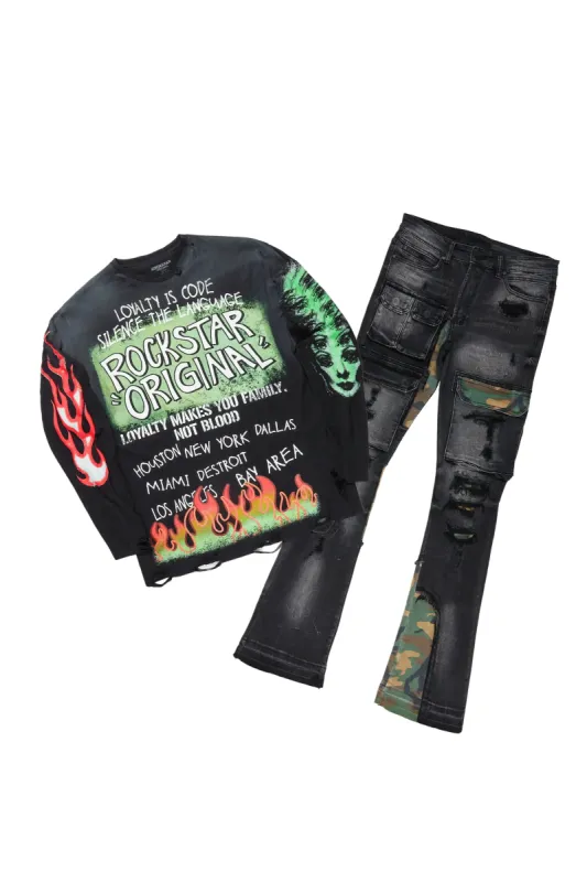Beno Black/Black Long Sleeve T-Shirt & Zeta Super Stacked Flare Jean Bundle sold by Rockstar Original