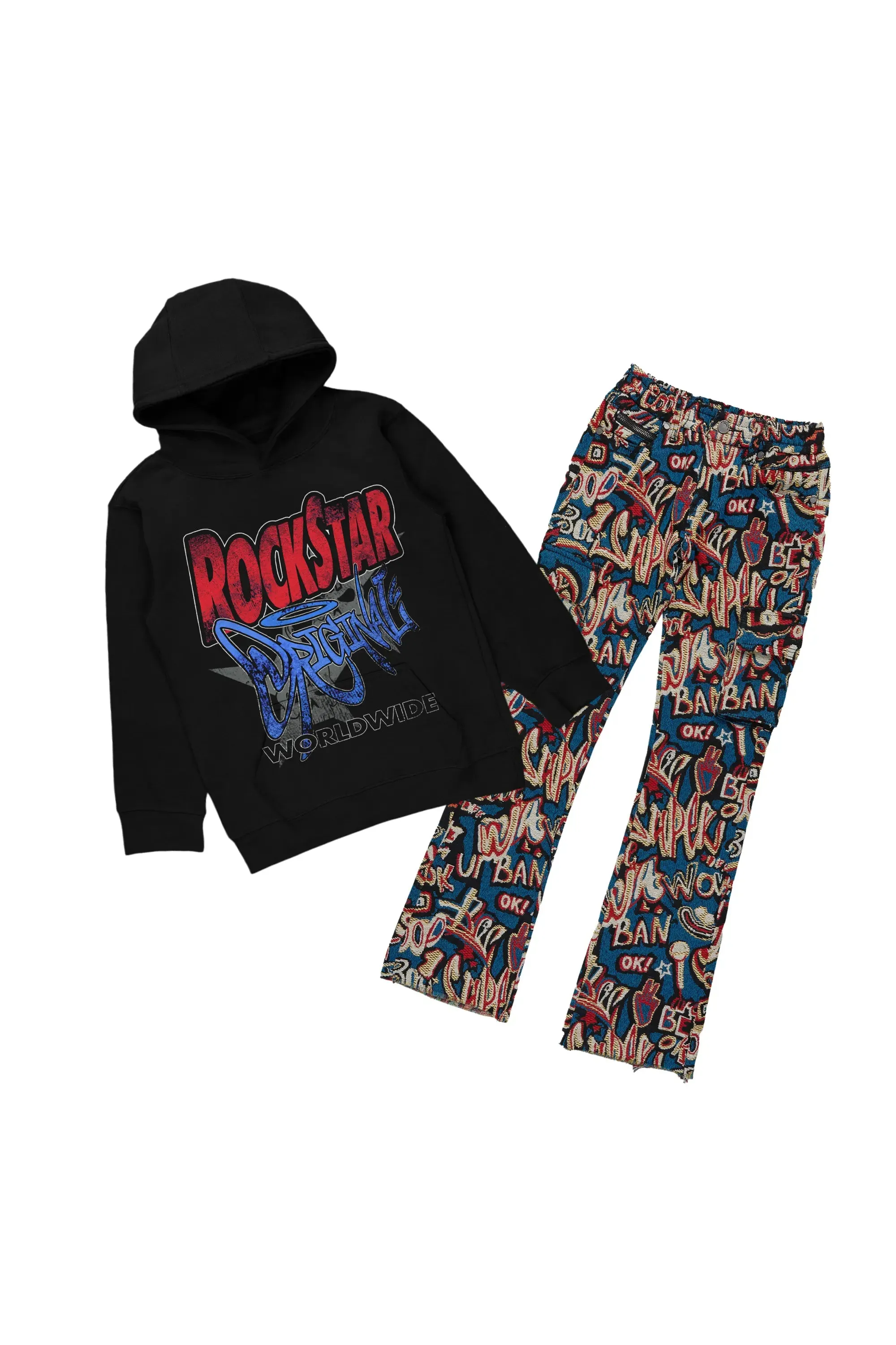 Boys Noam Black Hoodie/Stacked Flare Jean Set sold by Rockstar Original