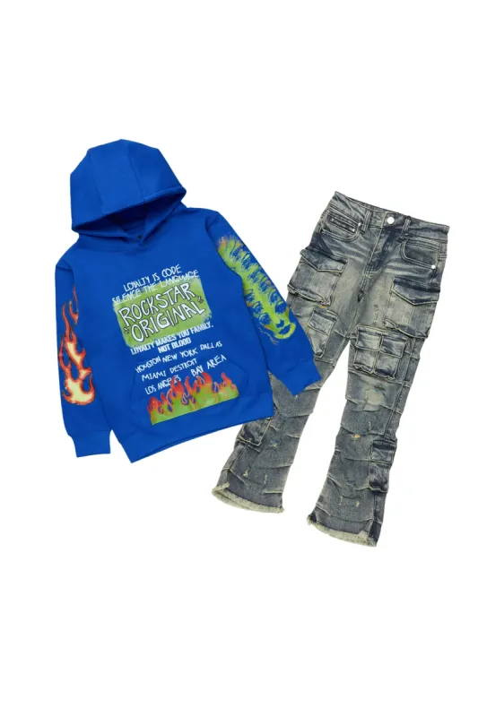 Boys Beno Royal/Tint Hoodie/Stacked Flare Jean Set sold by Rockstar Original