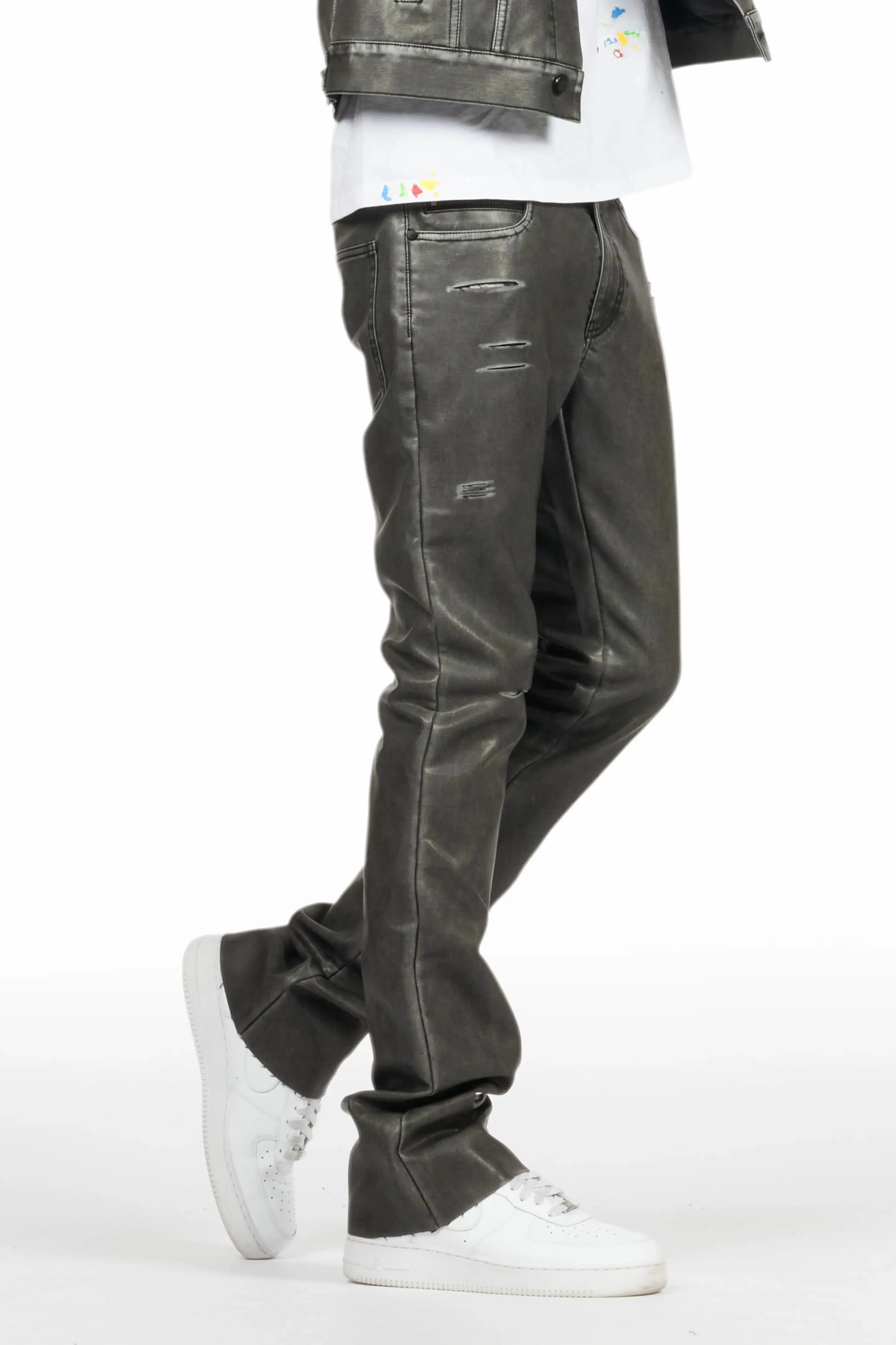 Deco Black Distressed PU Stacked Flare Jean sold by Rockstar Original