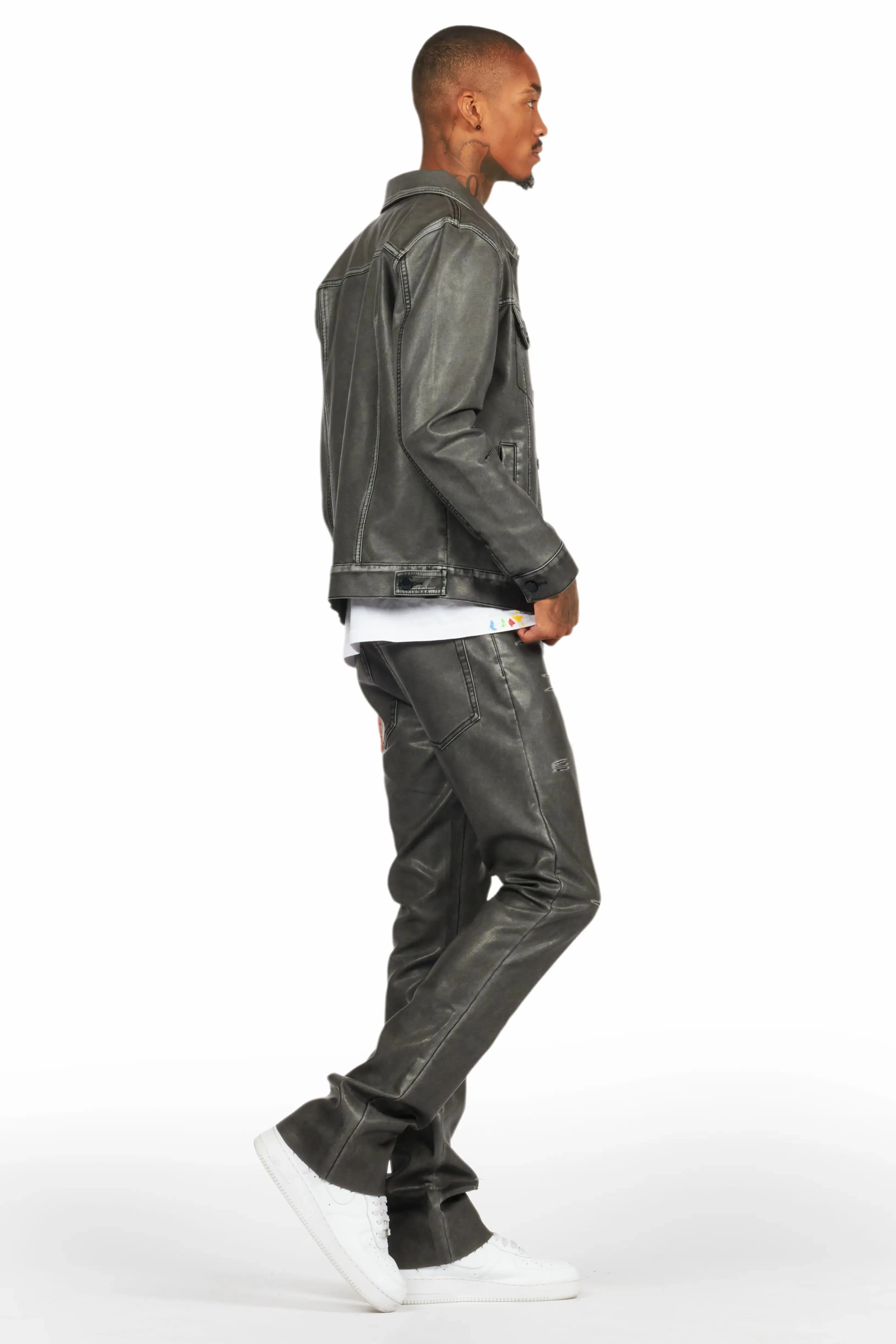 Deco Black Distressed PU Stacked Flare Jean sold by Rockstar Original product image thumbnail 4