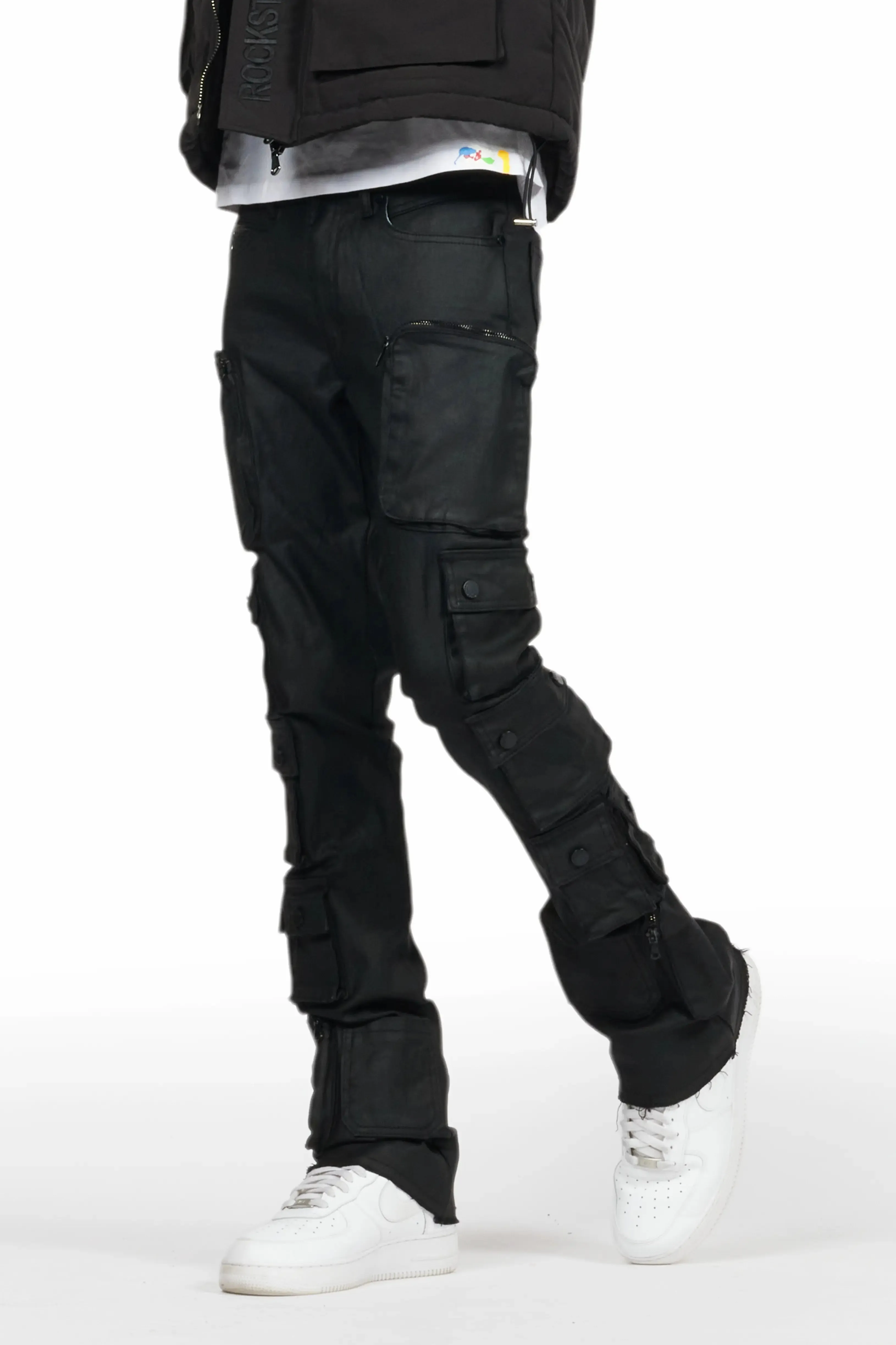 Konrad Black Coated Stacked Flare Jean sold by Rockstar Original