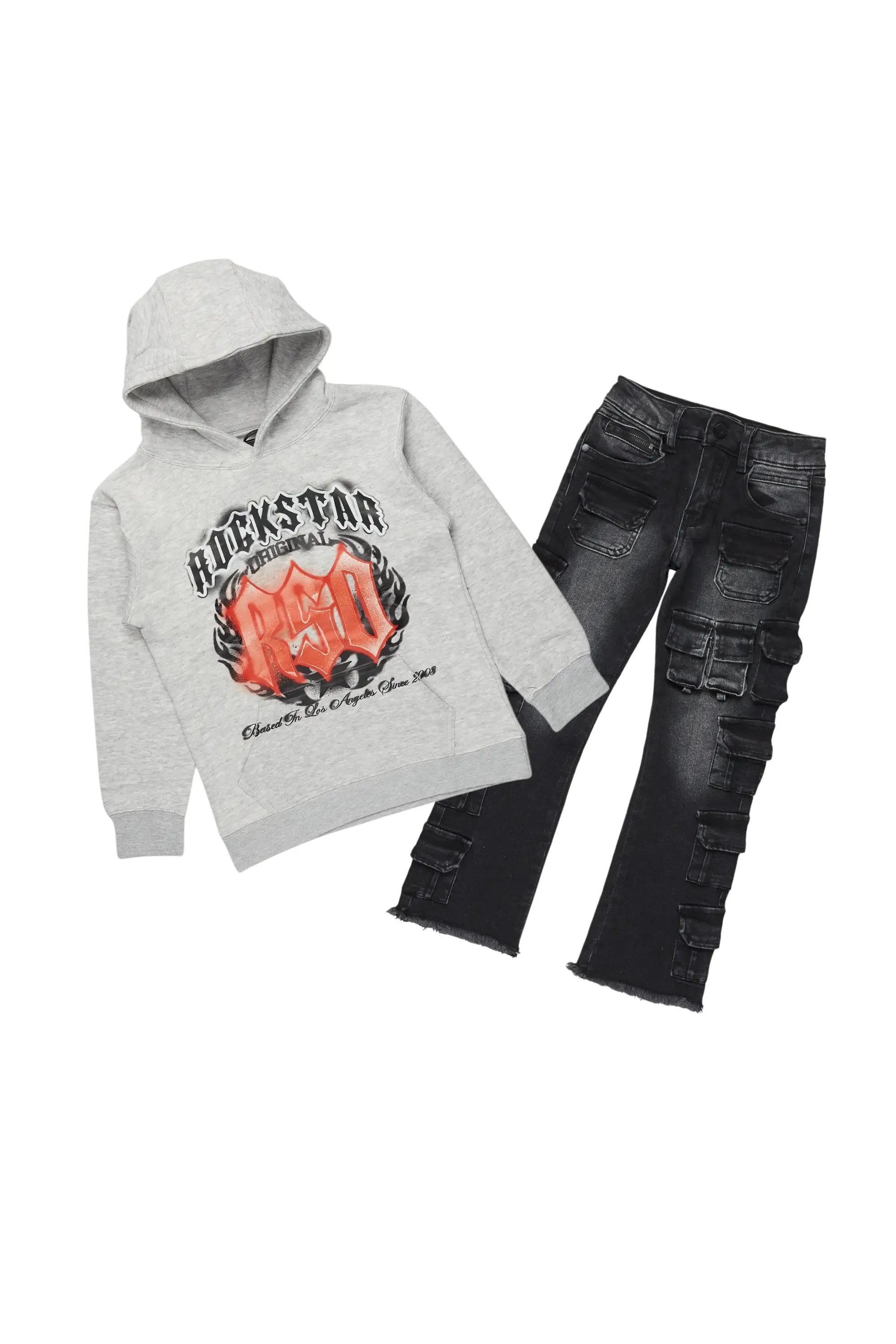 Boys Boaz Heather Grey/Black Hoodie/Stacked Flare Jean Set sold by Rockstar Original