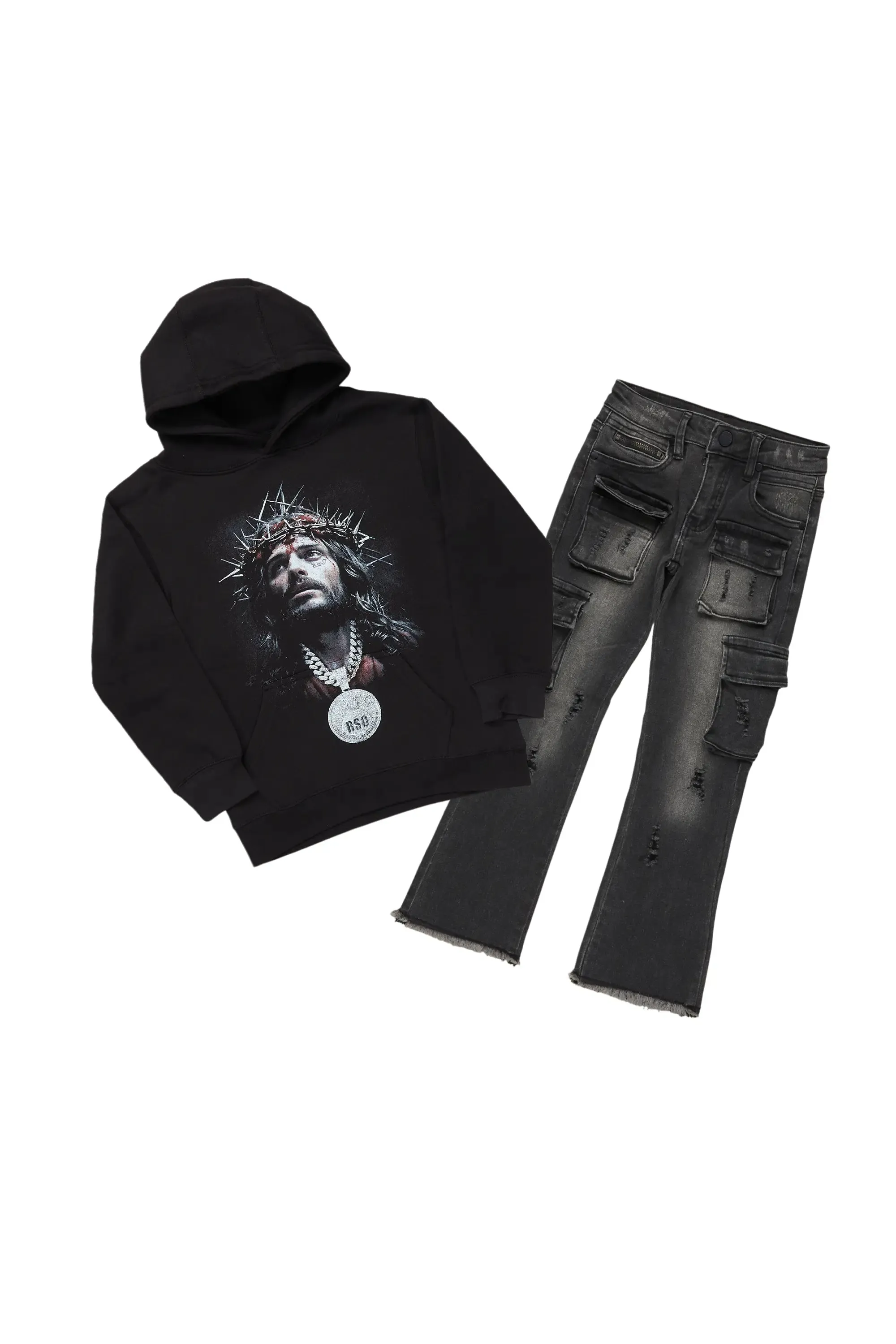 Boys Amina Black/Grey Hoodie/Stacked Flare Jean Set sold by Rockstar Original