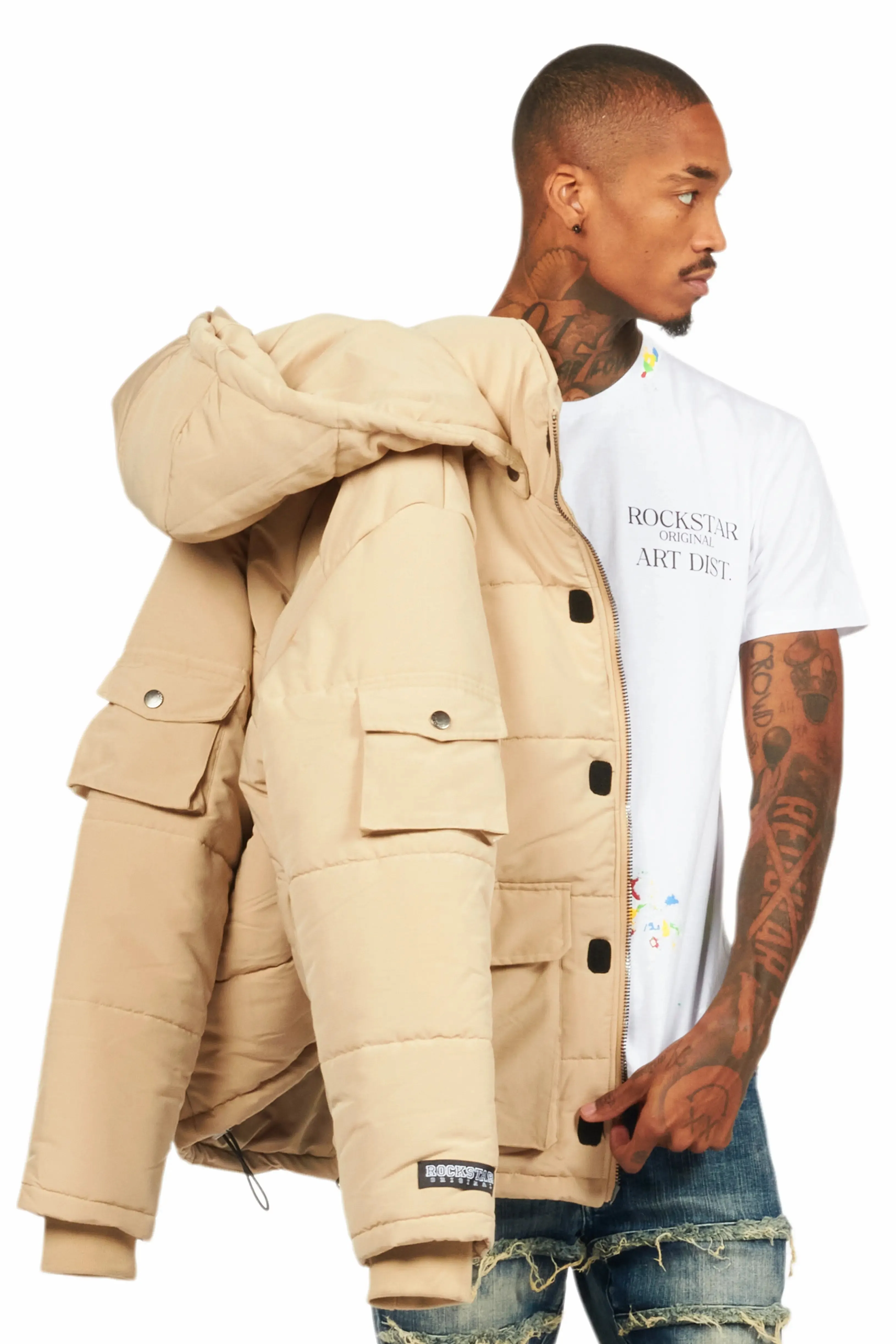 Adley Beige Utility Puffer Jacket sold by Rockstar Original product image thumbnail 5