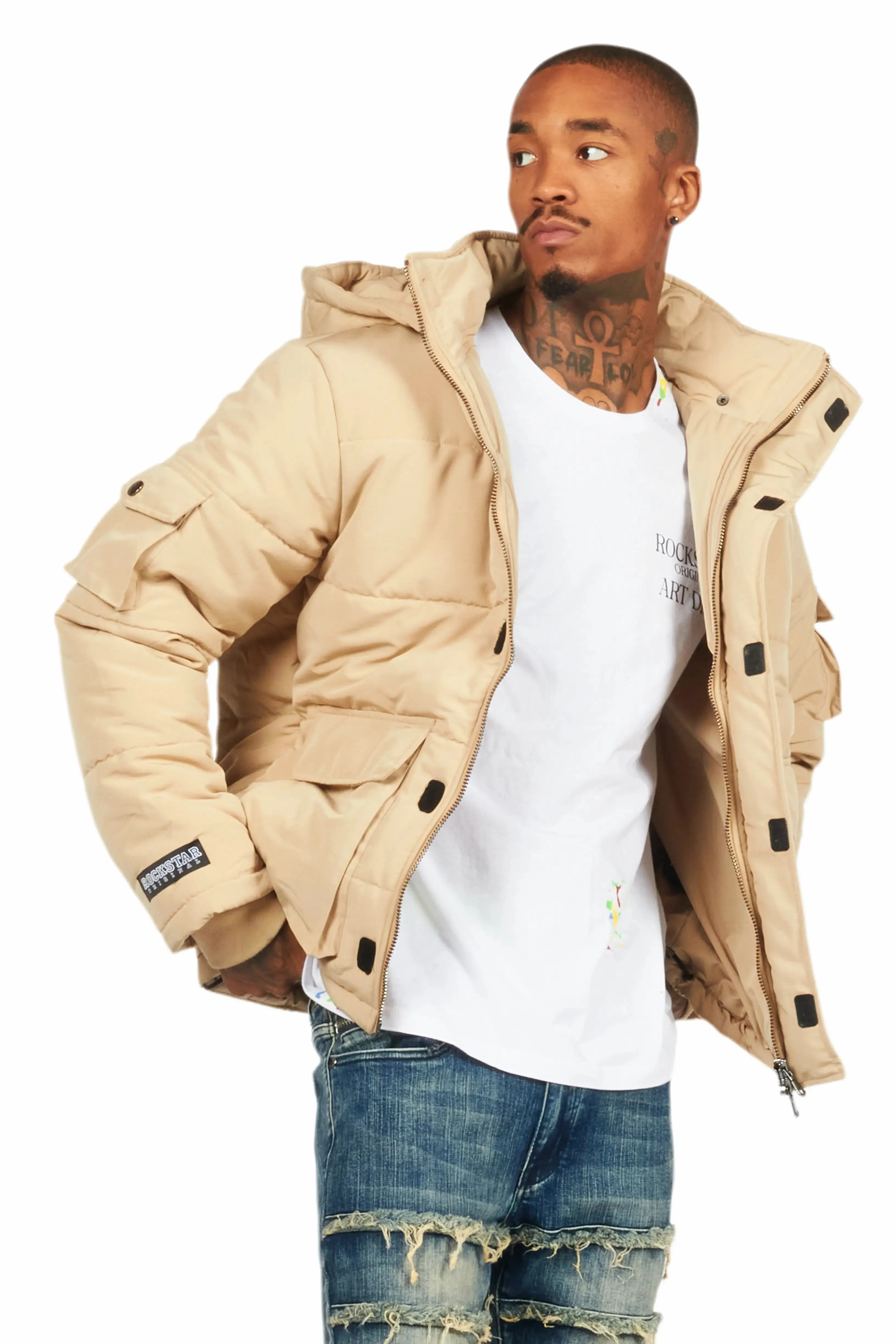 Adley Beige Utility Puffer Jacket sold by Rockstar Original product image thumbnail 3