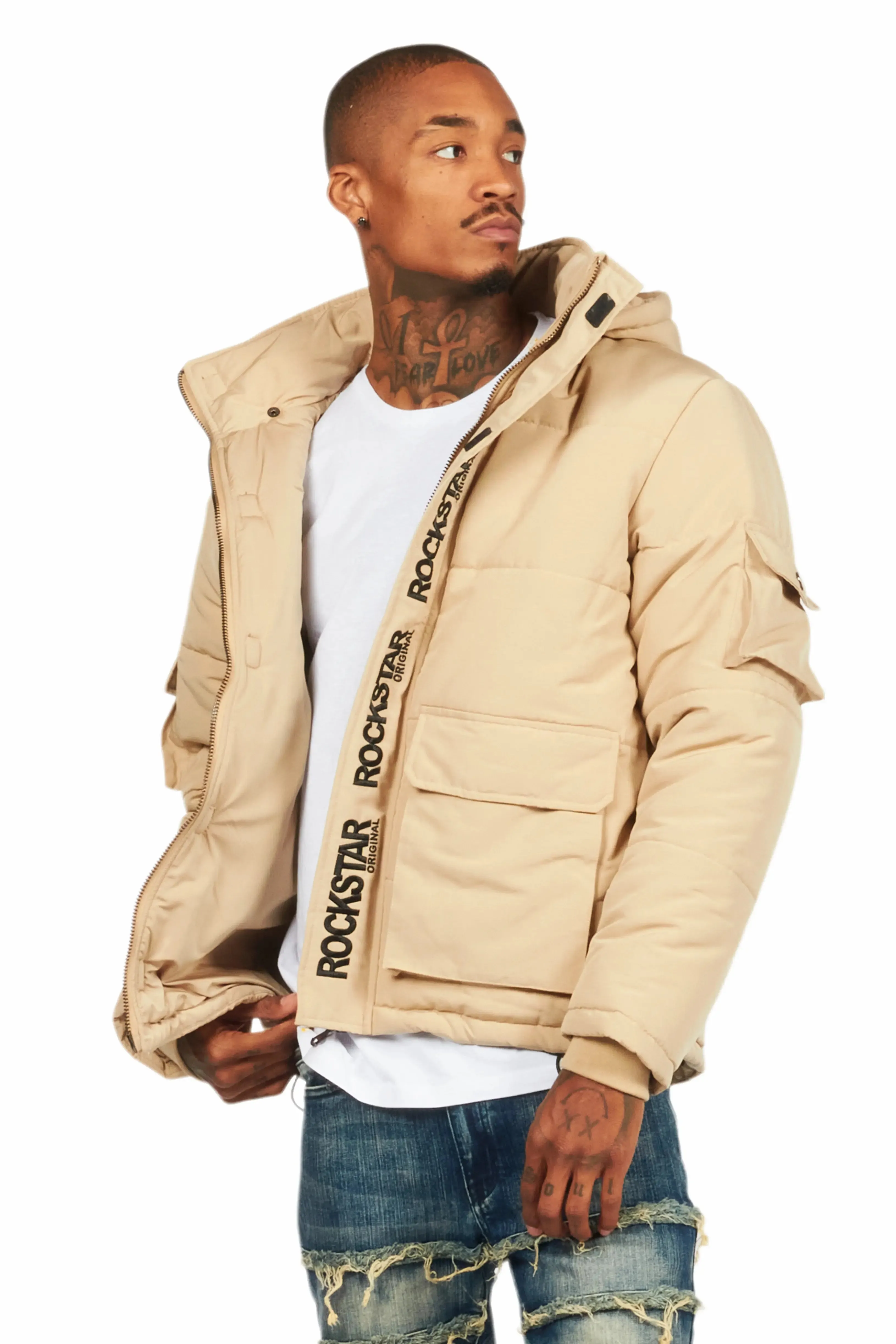 Adley Beige Utility Puffer Jacket sold by Rockstar Original product image thumbnail 4