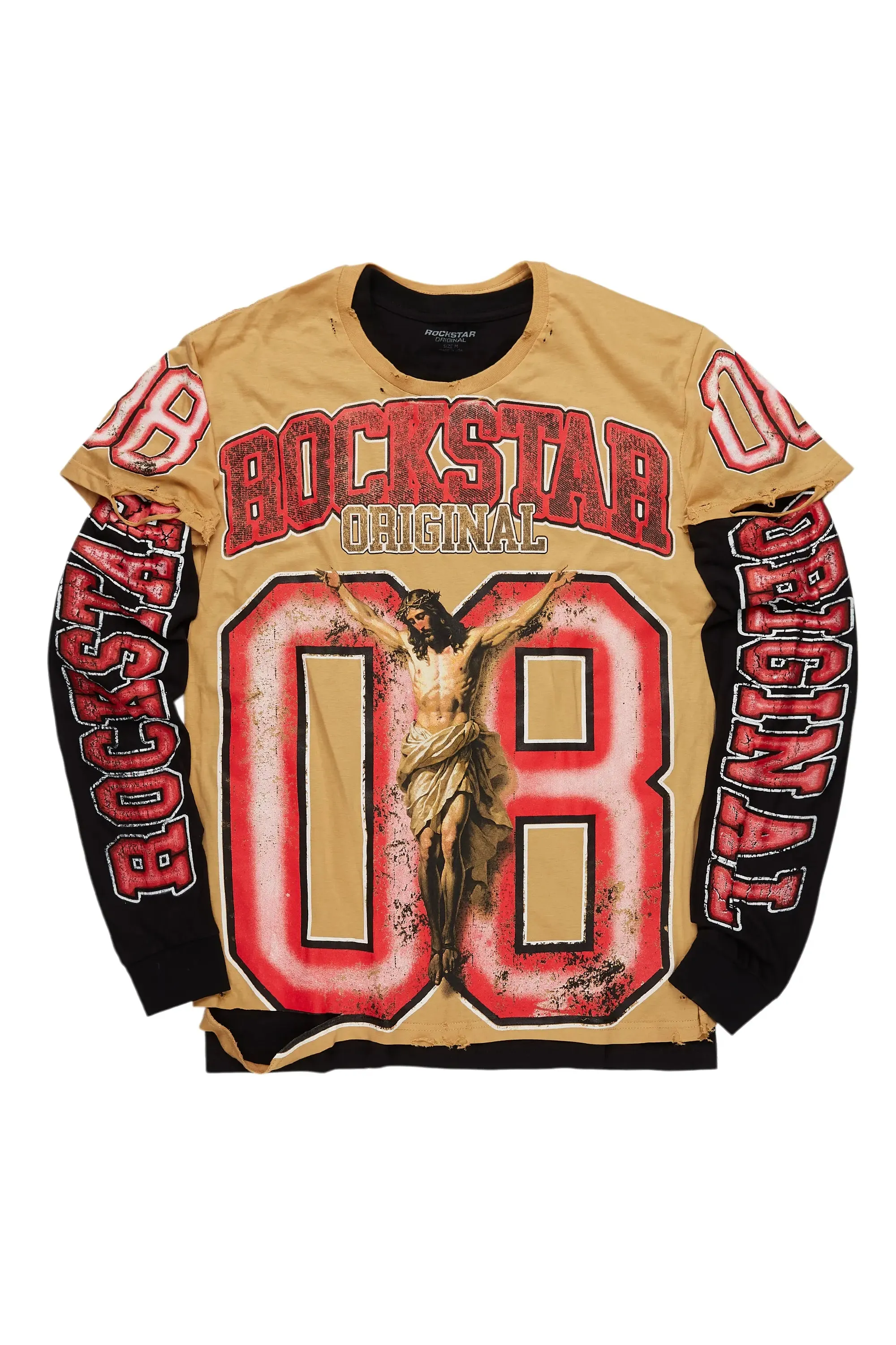 Fields Beige/Red Double Layer Long Sleeve Graphic T-Shirt sold by Rockstar Original