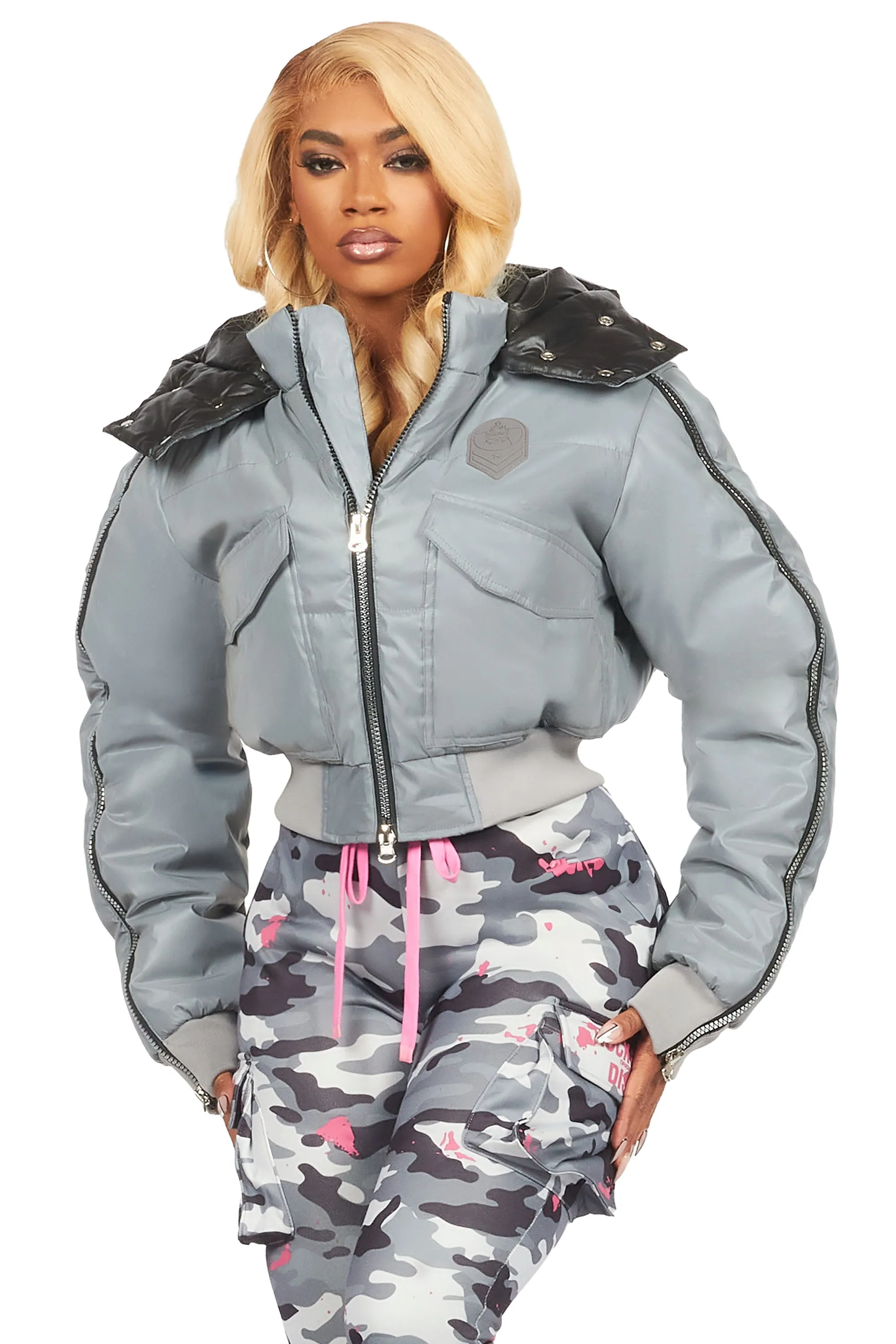 Kamryn Silver Reflective Crop Puffer Jacket sold by Rockstar Original product image thumbnail 2