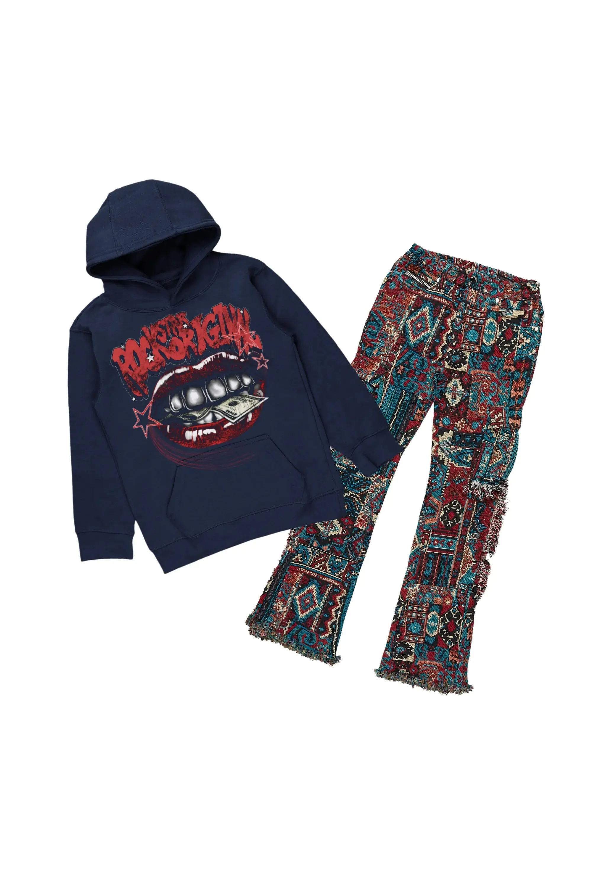 Boys Bloke Navy Hoodie/Stacked Flare Jean Set sold by Rockstar Original