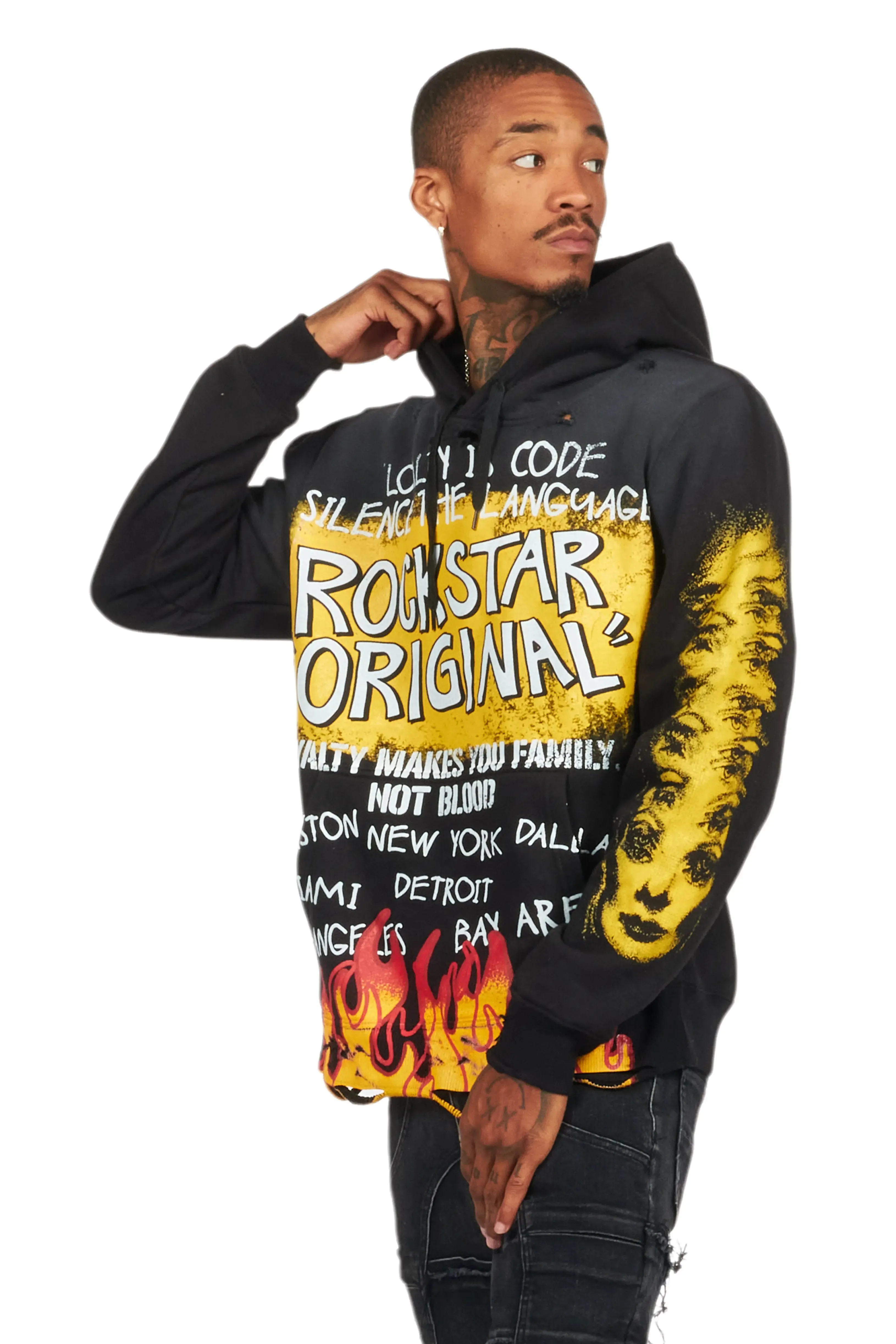 Beno Black/Yellow Distressed Graphic Hoodie sold by Rockstar Original product image thumbnail 5