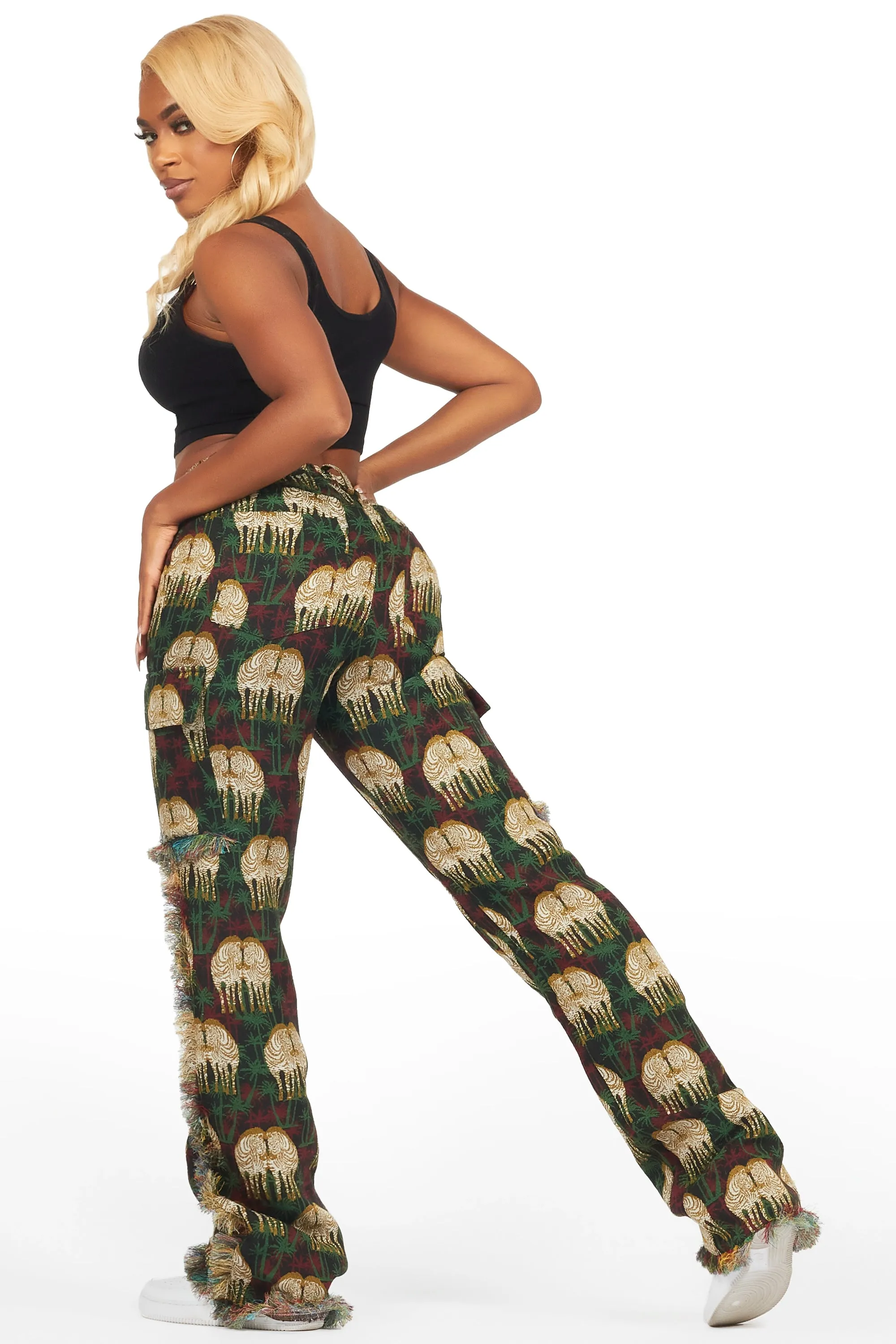 Zeontee Black Animal Print Cargo Tapestry Stacked Pant sold by Rockstar Original product image thumbnail 5