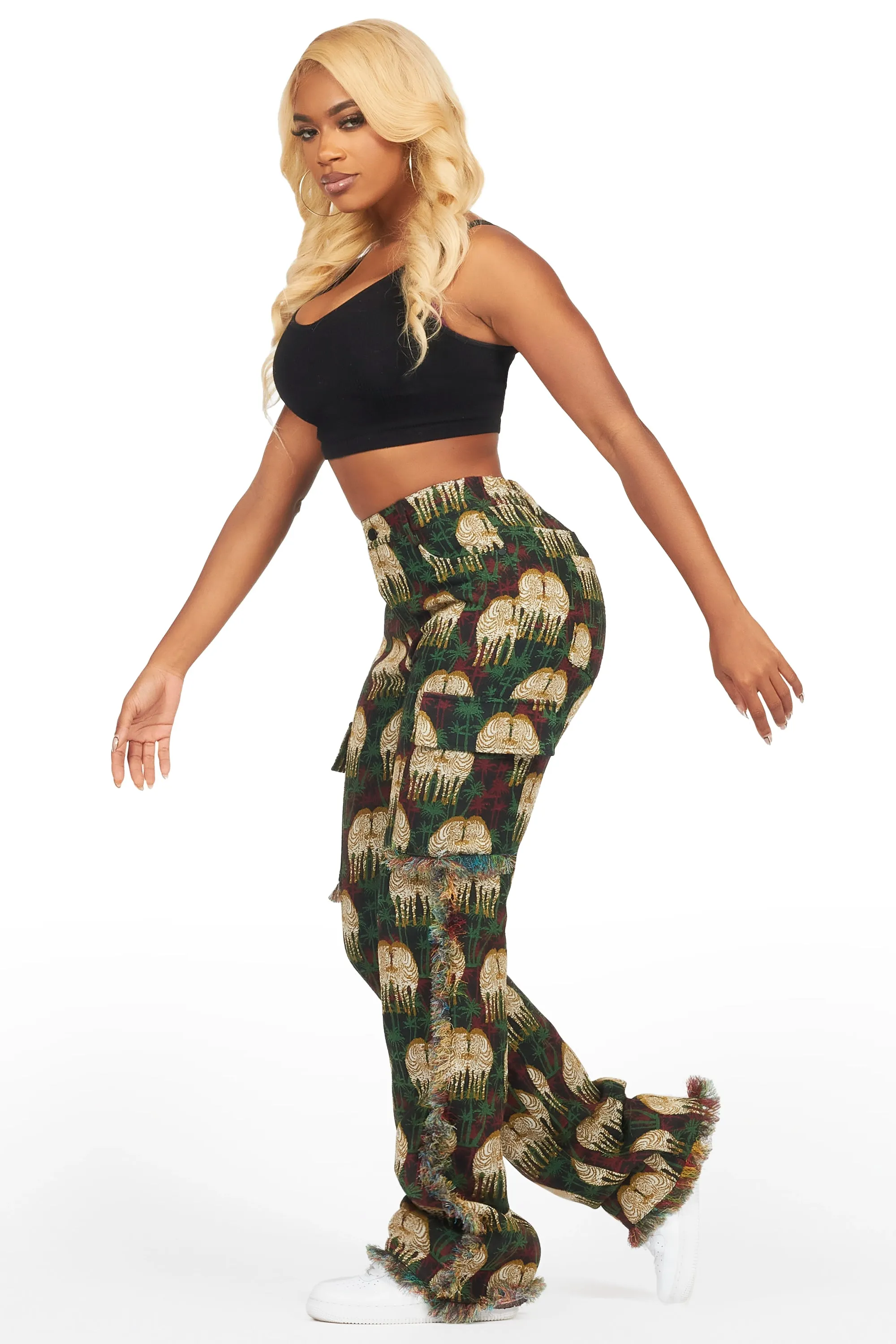 Zeontee Black Animal Print Cargo Tapestry Stacked Pant sold by Rockstar Original product image thumbnail 4