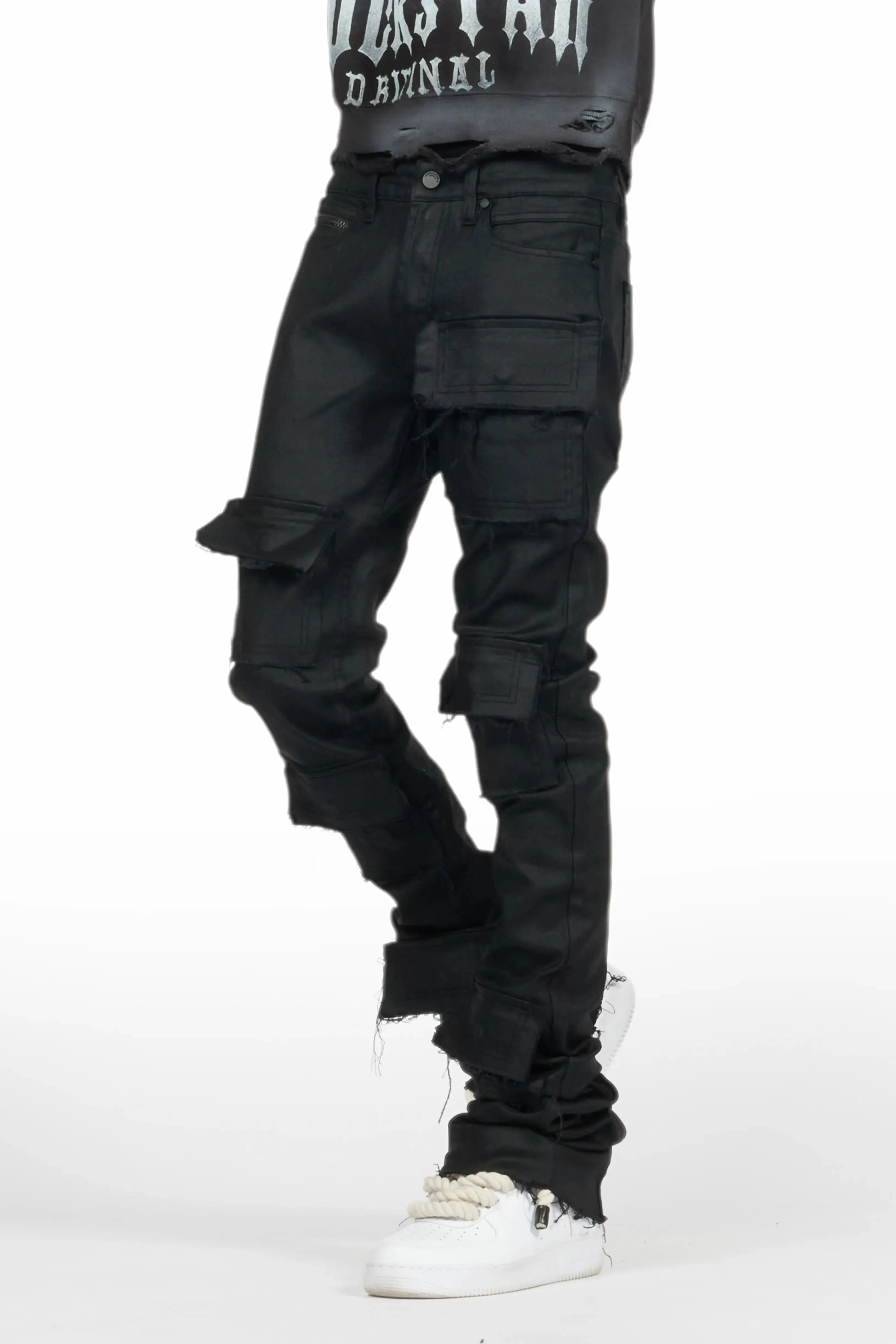 Petrus Black Coated Super Stacked Flare Jean sold by Rockstar Original