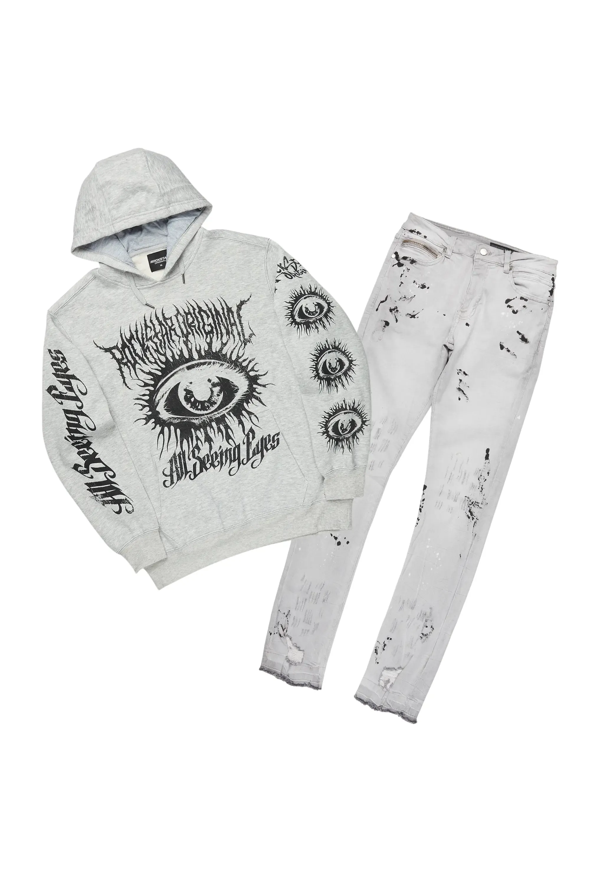 All Seeing Eyes Grey Hoodie/Stacked Flare Jean Set sold by Rockstar Original