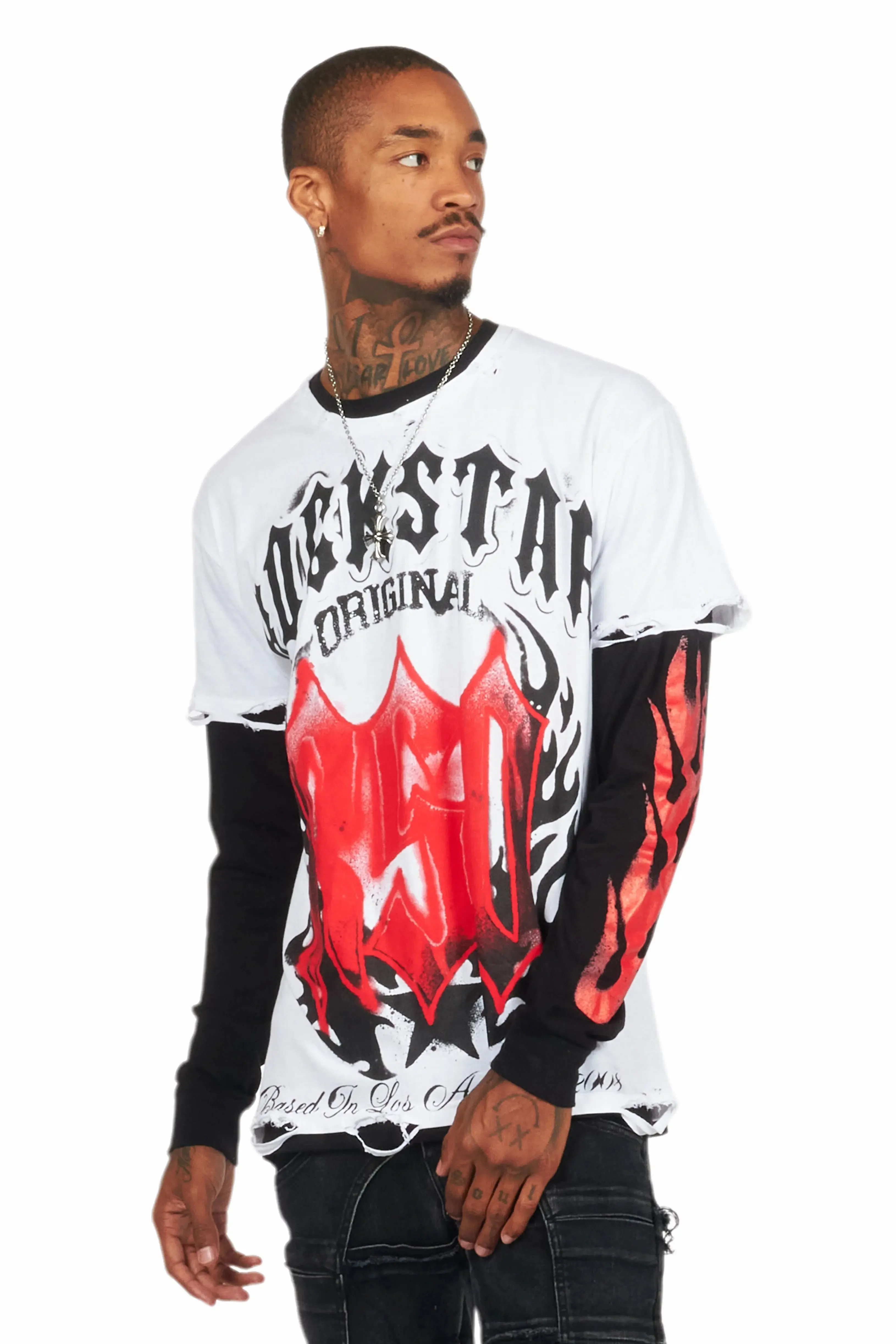 Boaz White/Black Double Layer Long Sleeve Graphic T-Shirt sold by Rockstar Original product image thumbnail 2
