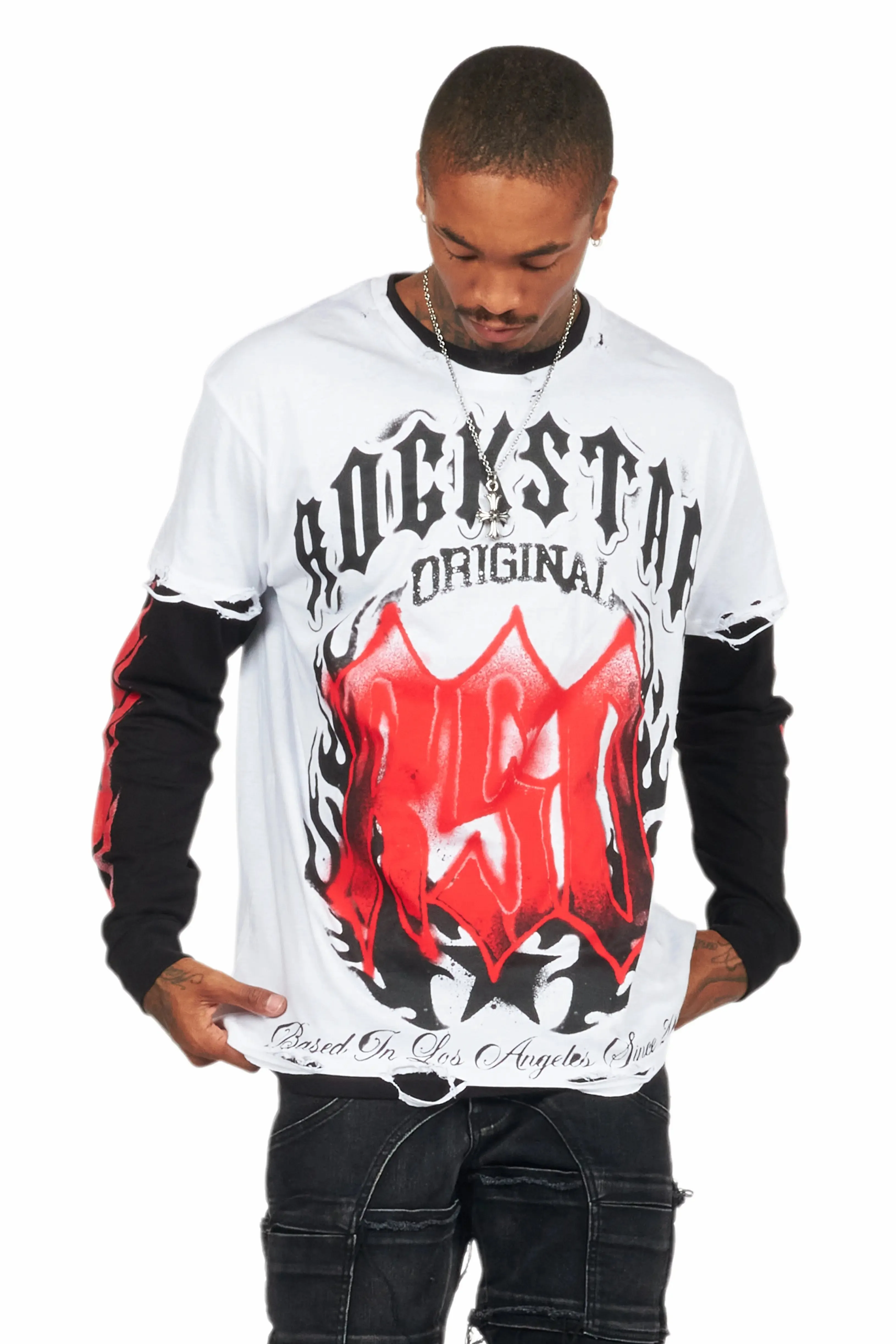 Boaz White/Black Double Layer Long Sleeve Graphic T-Shirt sold by Rockstar Original product image thumbnail 3