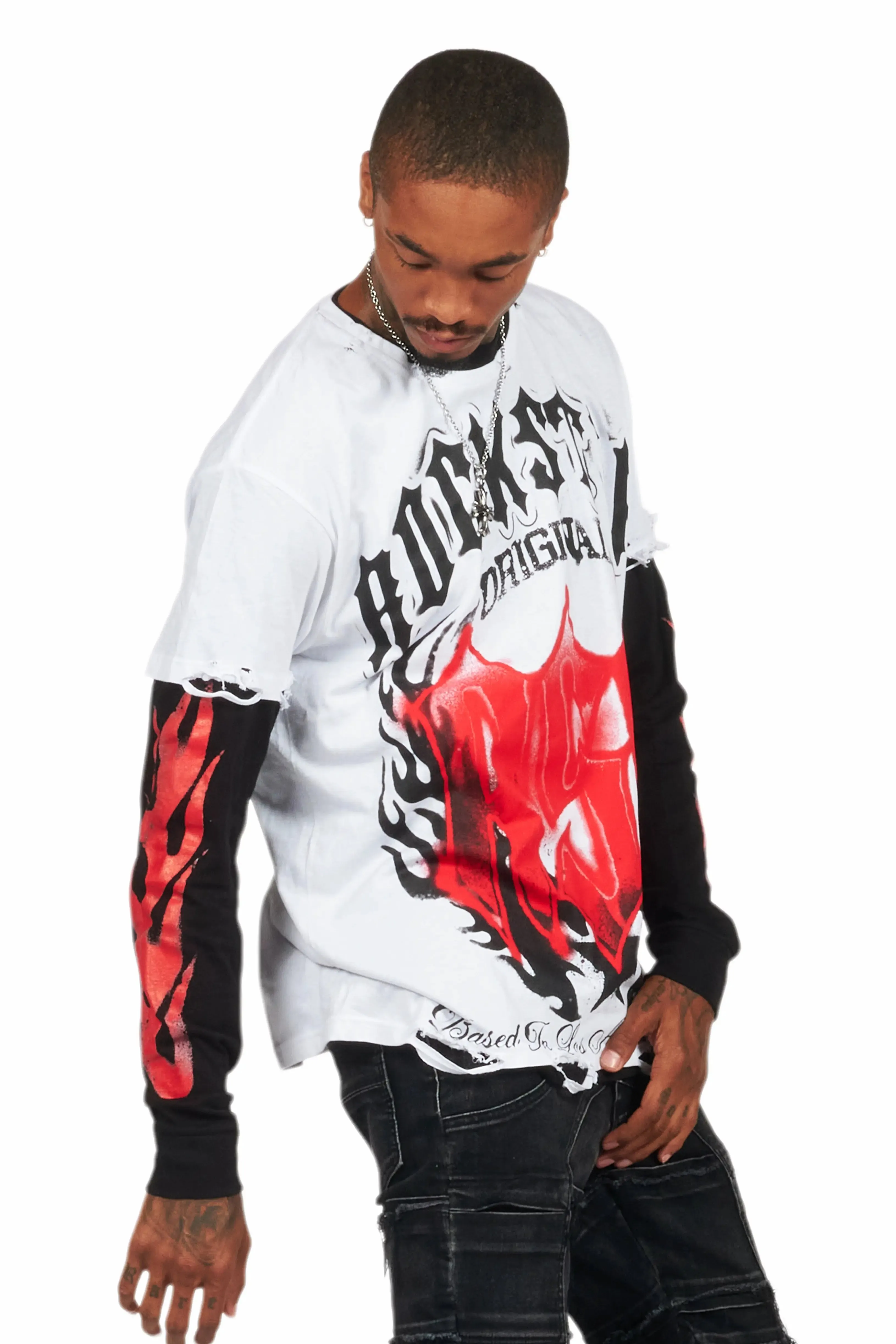 Boaz White/Black Double Layer Long Sleeve Graphic T-Shirt sold by Rockstar Original product image thumbnail 4