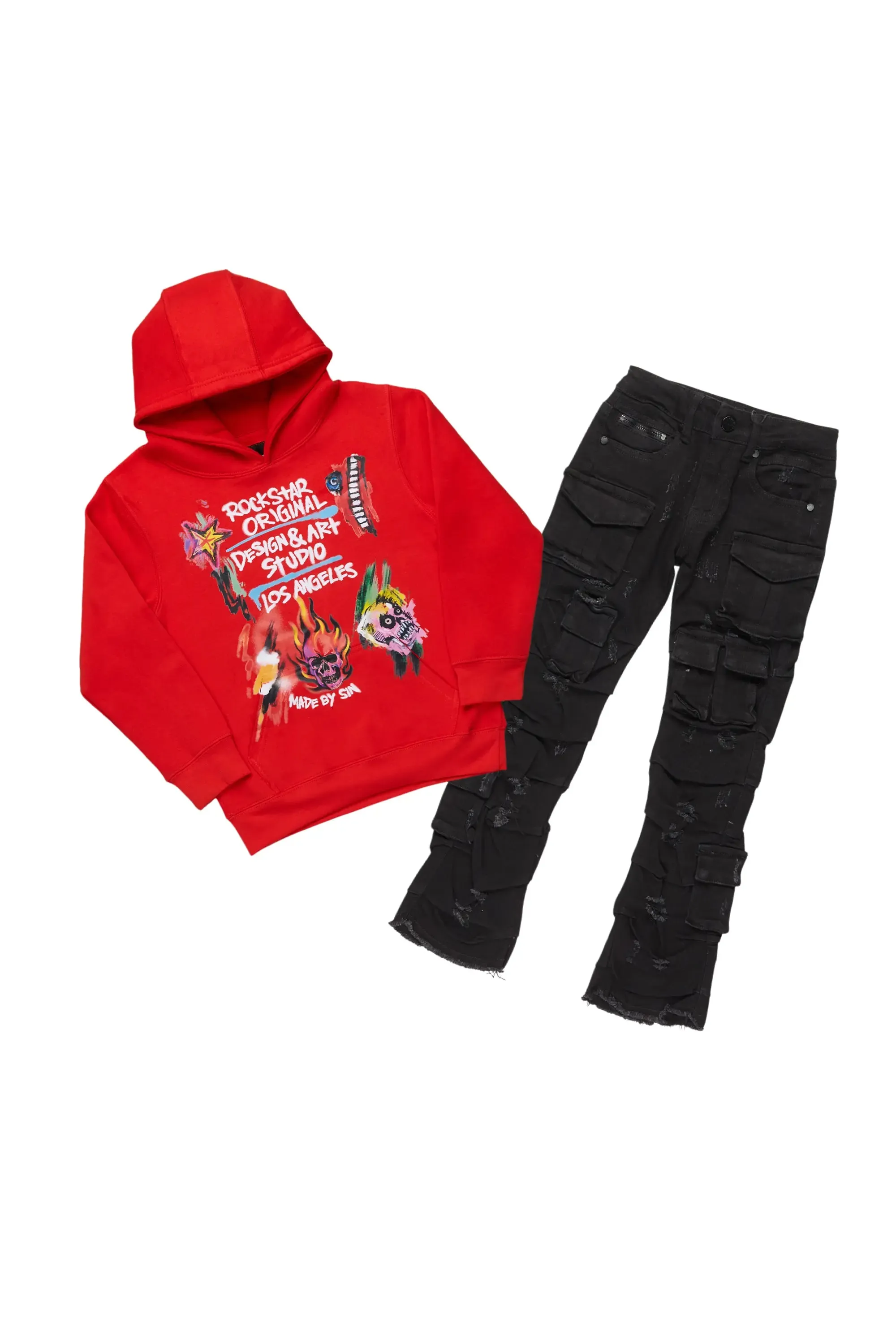 Boys Soweto Red/Black Hoodie/Stacked Flare Jean Set sold by Rockstar Original