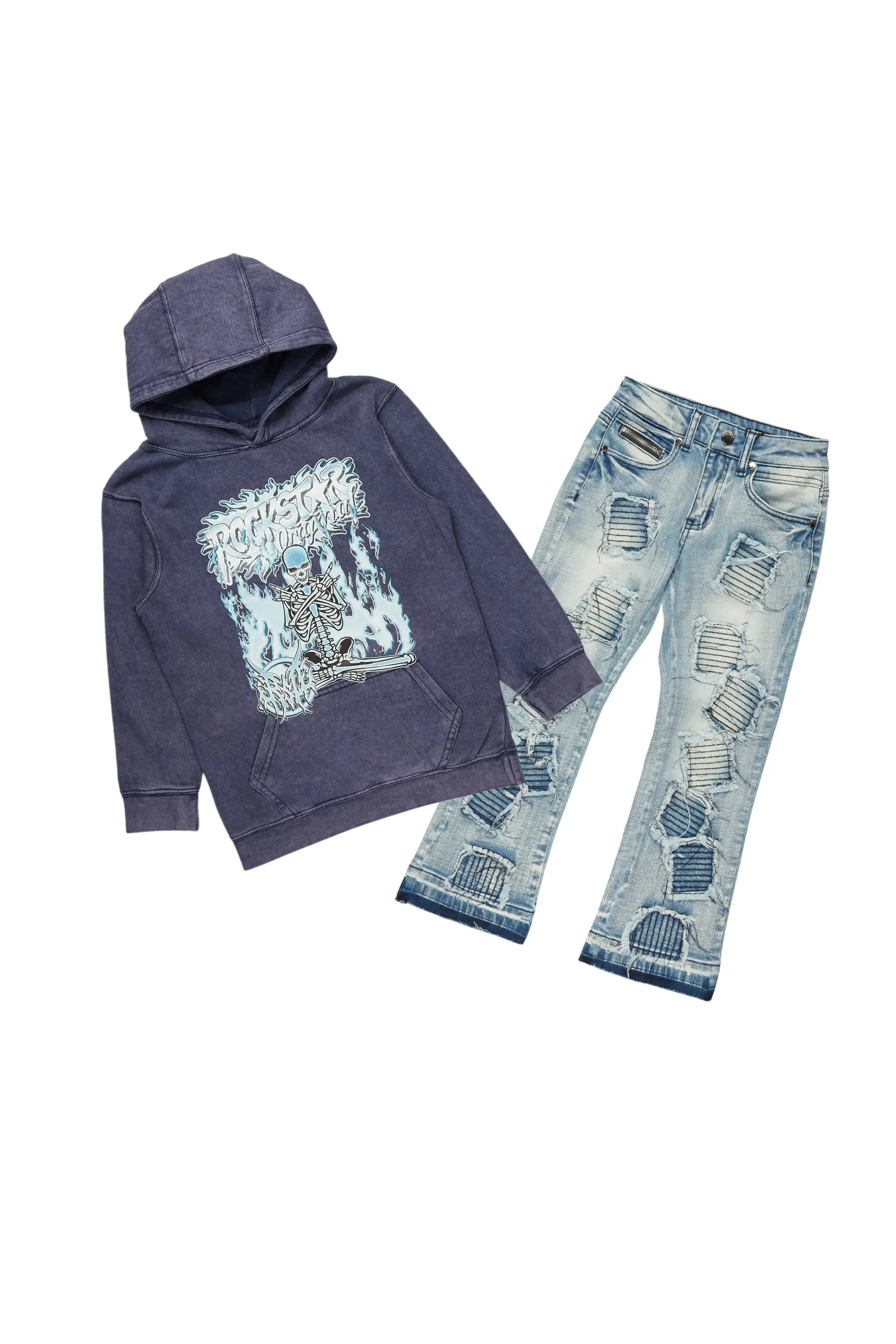 Boys Abdon Vintage Navy Hoodie/Stacked Flare Jean Set sold by Rockstar Original