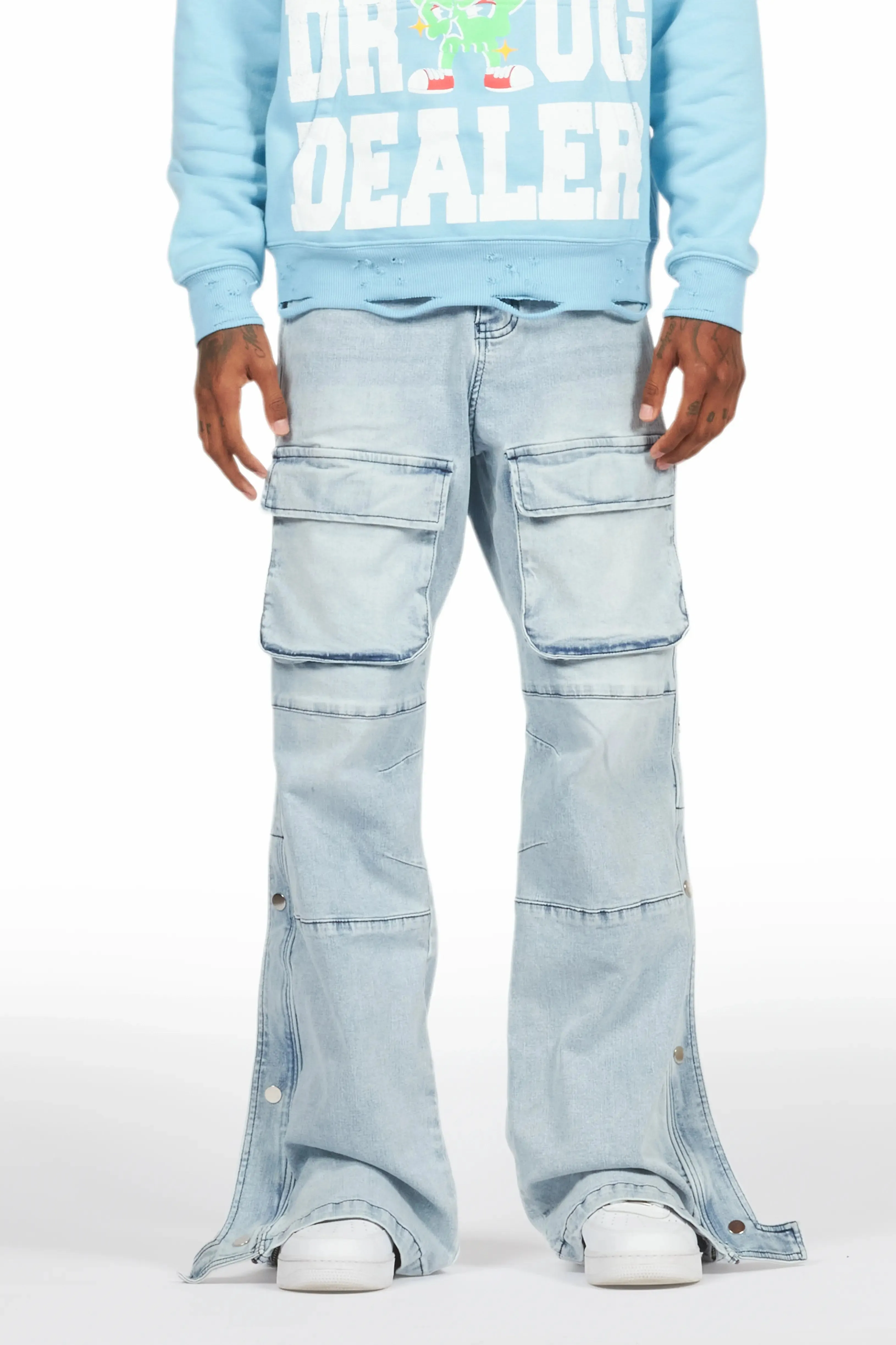 Yuri Blue Stacked Cargo Flare Jean sold by Rockstar Original