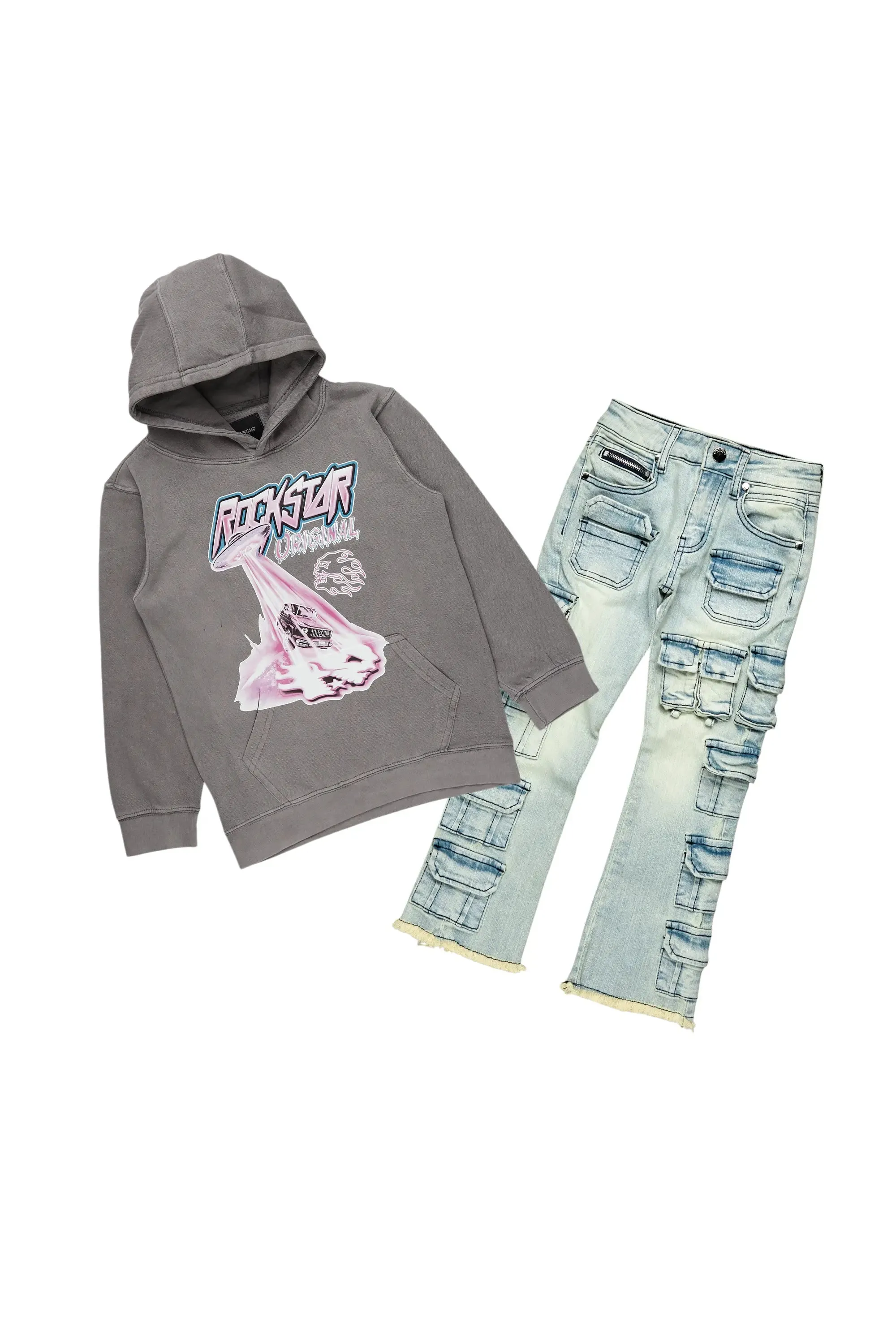 Boys Karmi Vintage Grey Hoodie/Stacked Flare Jean Set sold by Rockstar Original
