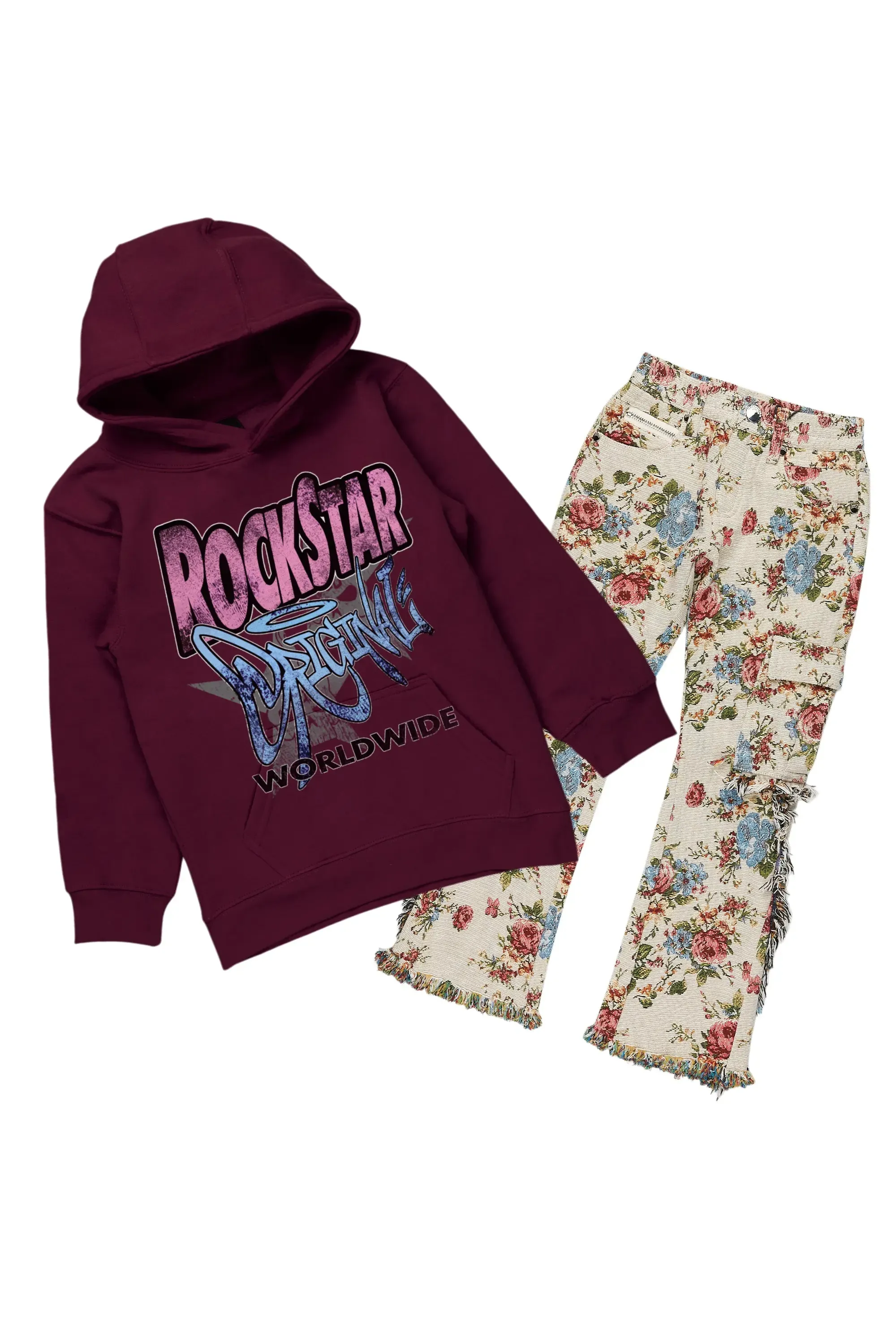 Girls Kaite Maroon Hoodie/Stacked Flare Jean Set sold by Rockstar Original