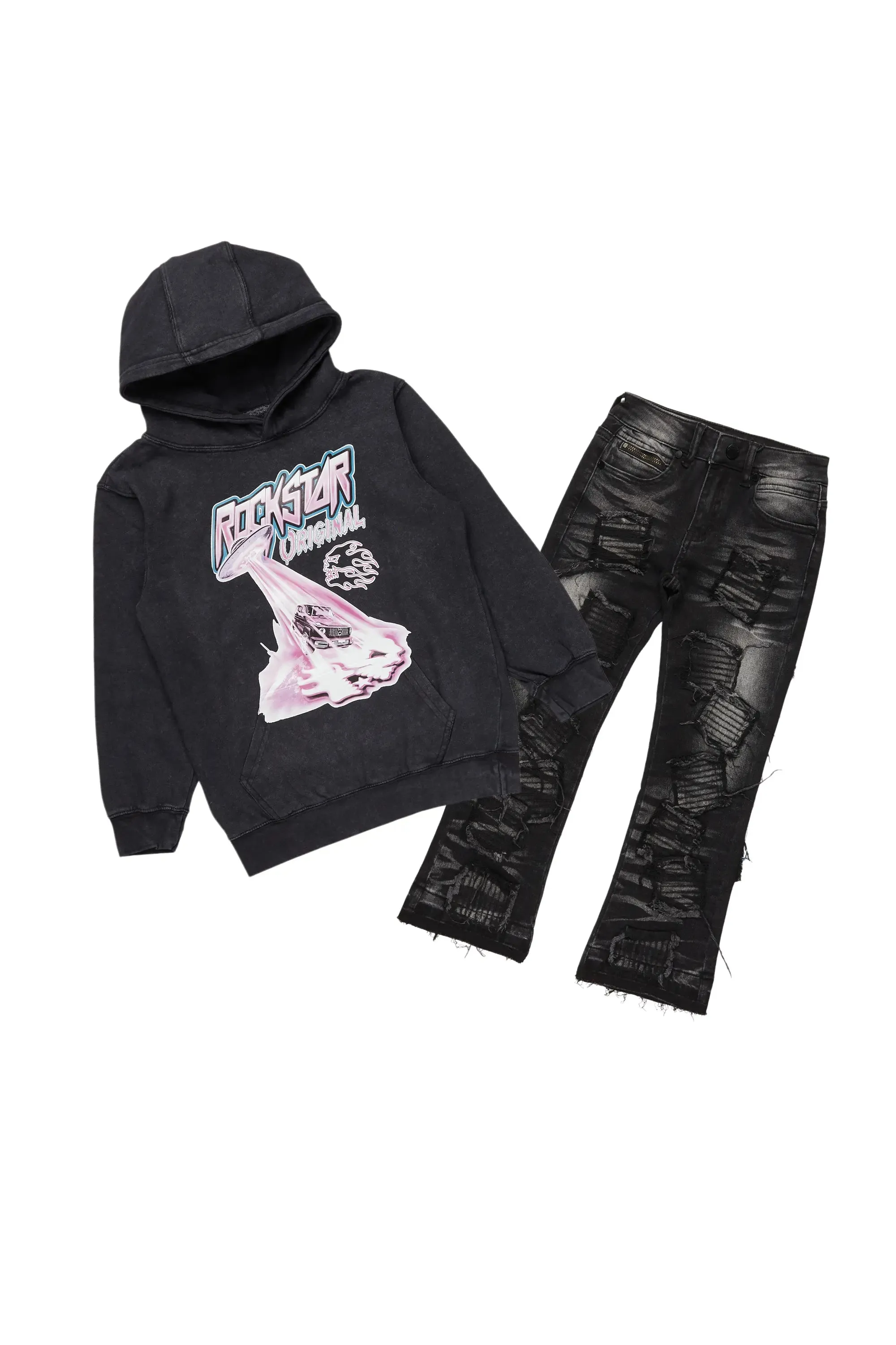 Boys Bede Vintage Black Hoodie/Stacked Flare Jean Set sold by Rockstar Original