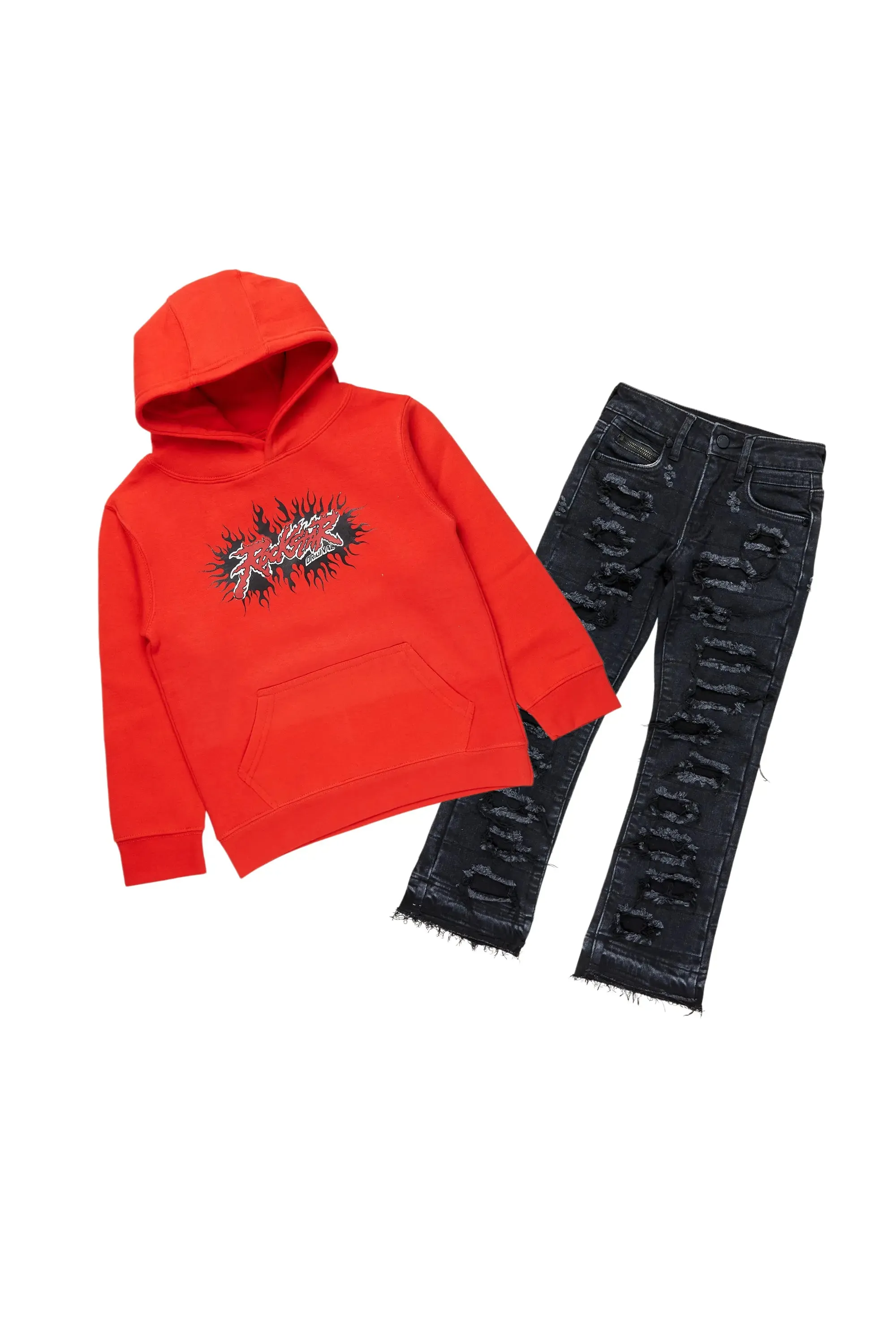 Boys Albus Red Hoodie/Stacked Flare Jean Set sold by Rockstar Original