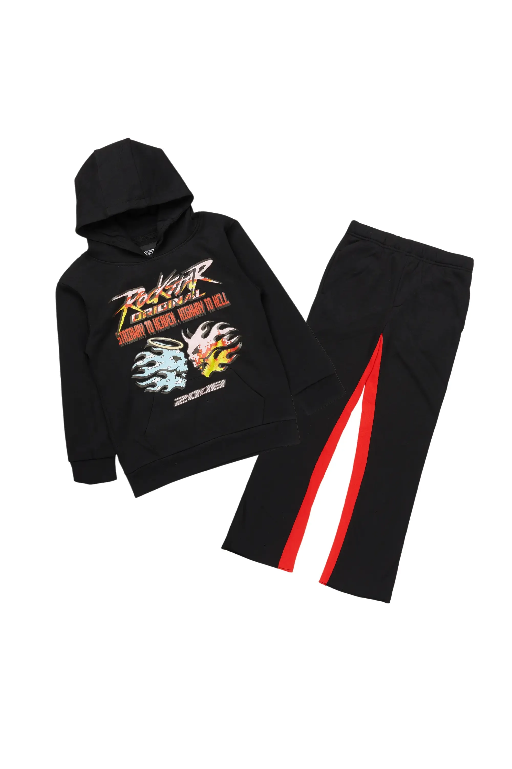 Boys Pedro Black Baggy Stacked Track Set sold by Rockstar Original