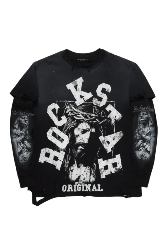 Alfred Black Double Layer Long Sleeve Graphic T-Shirt sold by Rockstar Original