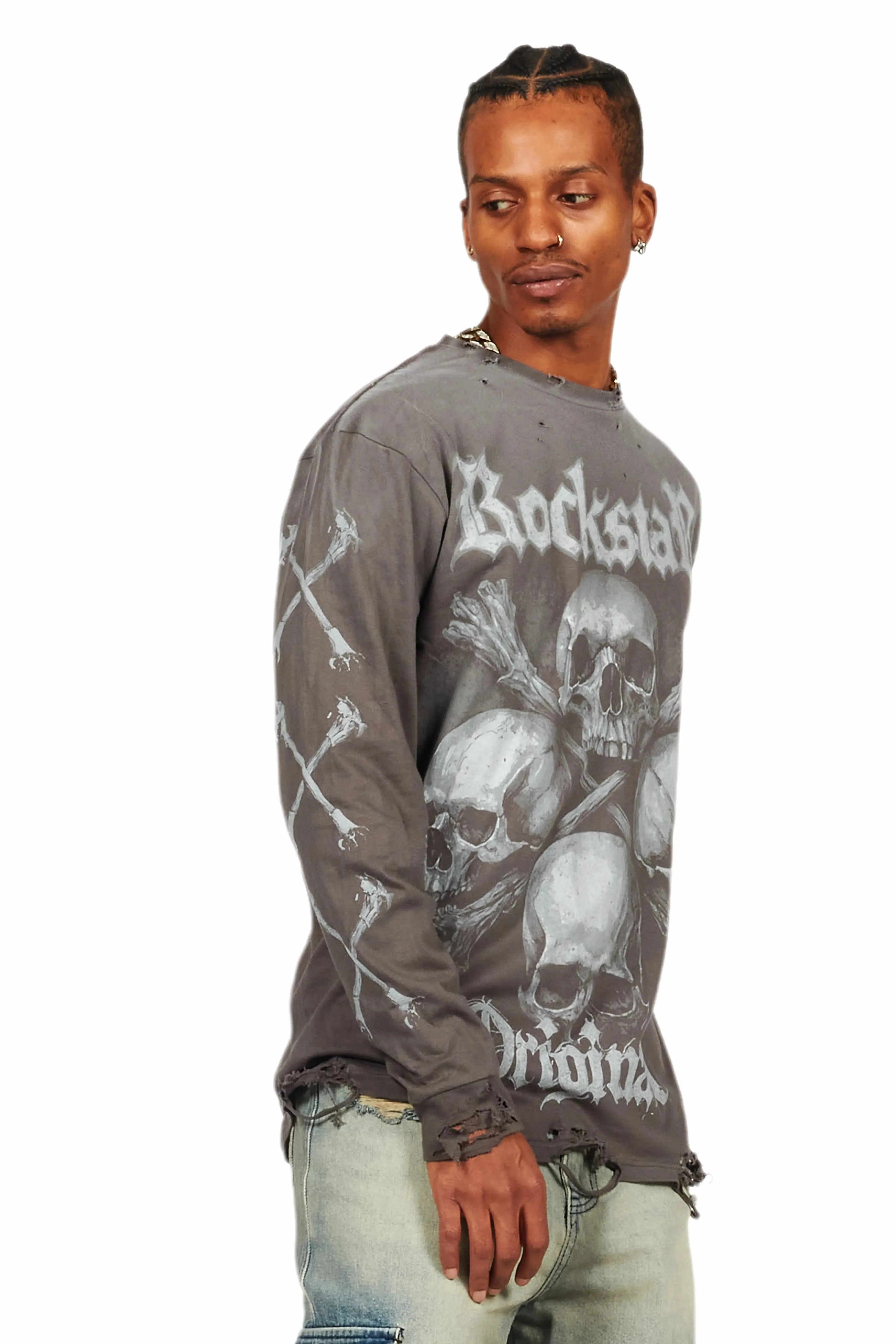 Skulls Charcoal Long Sleeve Graphic T-Shirt sold by Rockstar Original product image thumbnail 3